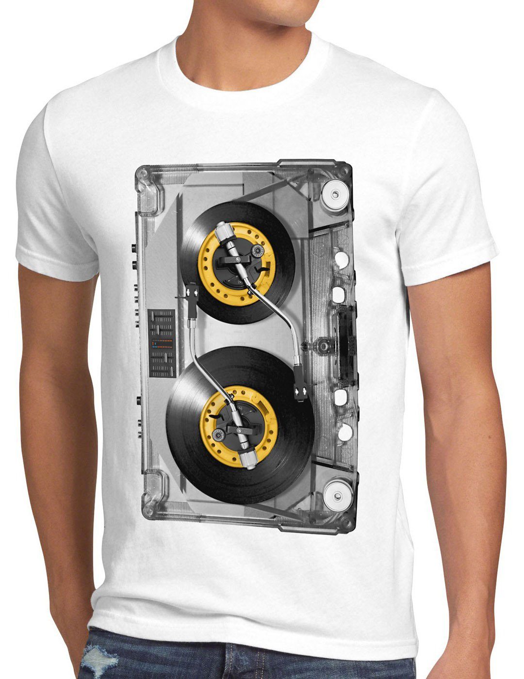 style3 Print-Shirt Herren T-Shirt DJ Tape mc musik disco 80er 90er retro kassette analog vinyl CD weiß