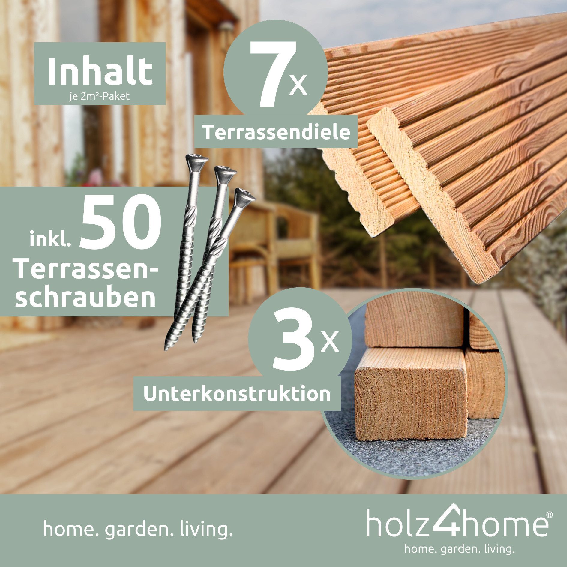 holz4home® Terrassendielen Lärchenholz 2m² Fläche I Witterungsbeständig I Beidseitig geriffelt, 2 m², 27 mm Stärke, (Packung), Grob & Fein geriffelt, Rutschfest