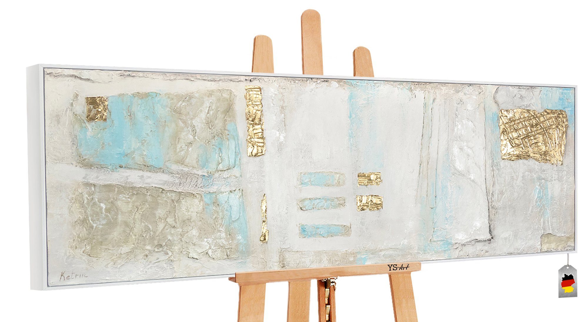 YS-Art Gemälde Stabilität, Abstraktes Leinwand Bild Handgemalt Weiß Gold mit Rahmen | Gemälde