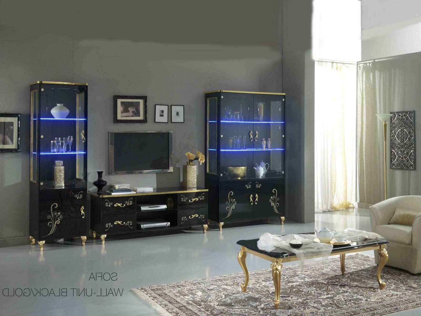 Xlmoebel Wohnzimmer-Set Schwarze Wohnwand Vitrine Lowboard Wandregal 3tlg Set, (3-St), Made in Europa
