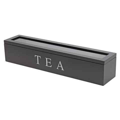 Teebox JEMAL, Schwarz, Deckel mit Sichtfenster, MDF, 6 Fächer für Teebeutel, B 43 x H 9 x T 9 cm