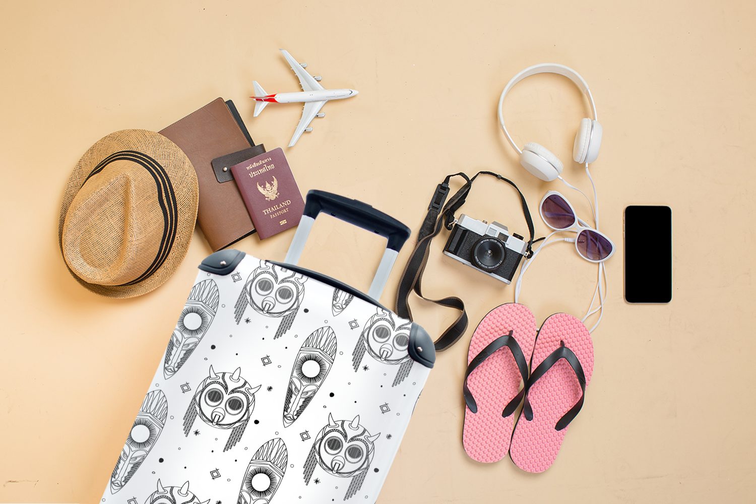 Reisekoffer Handgepäckkoffer - weiß Maya Schwarz - Masken Muster, mit - Trolley, für 4 und MuchoWow Ferien, Reisetasche rollen, Handgepäck Rollen,