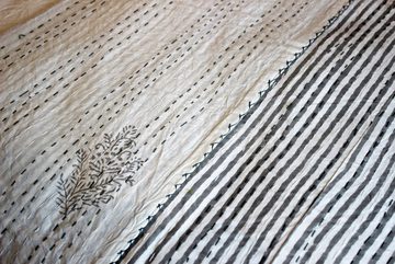 Tagesdecke Tagesdecke Bettüberwurf Blockprint grau weiß gestreift, Indradanush, auch als Tischdecke, extra groß 170 x 270 cm