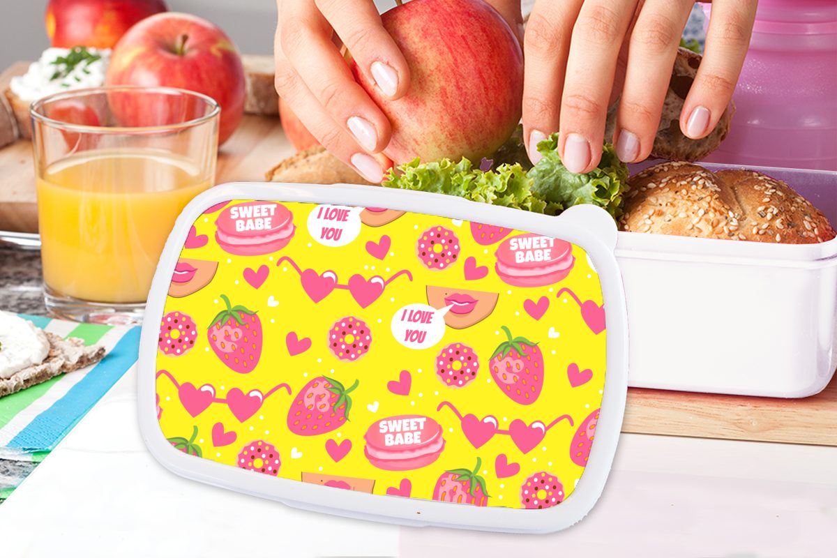 Erwachsene, Brotdose, Jungs für - - weiß (2-tlg), Lebensmittel Kinder Mädchen Lunchbox Muster Kunststoff, MuchoWow und und Rosa, für Brotbox