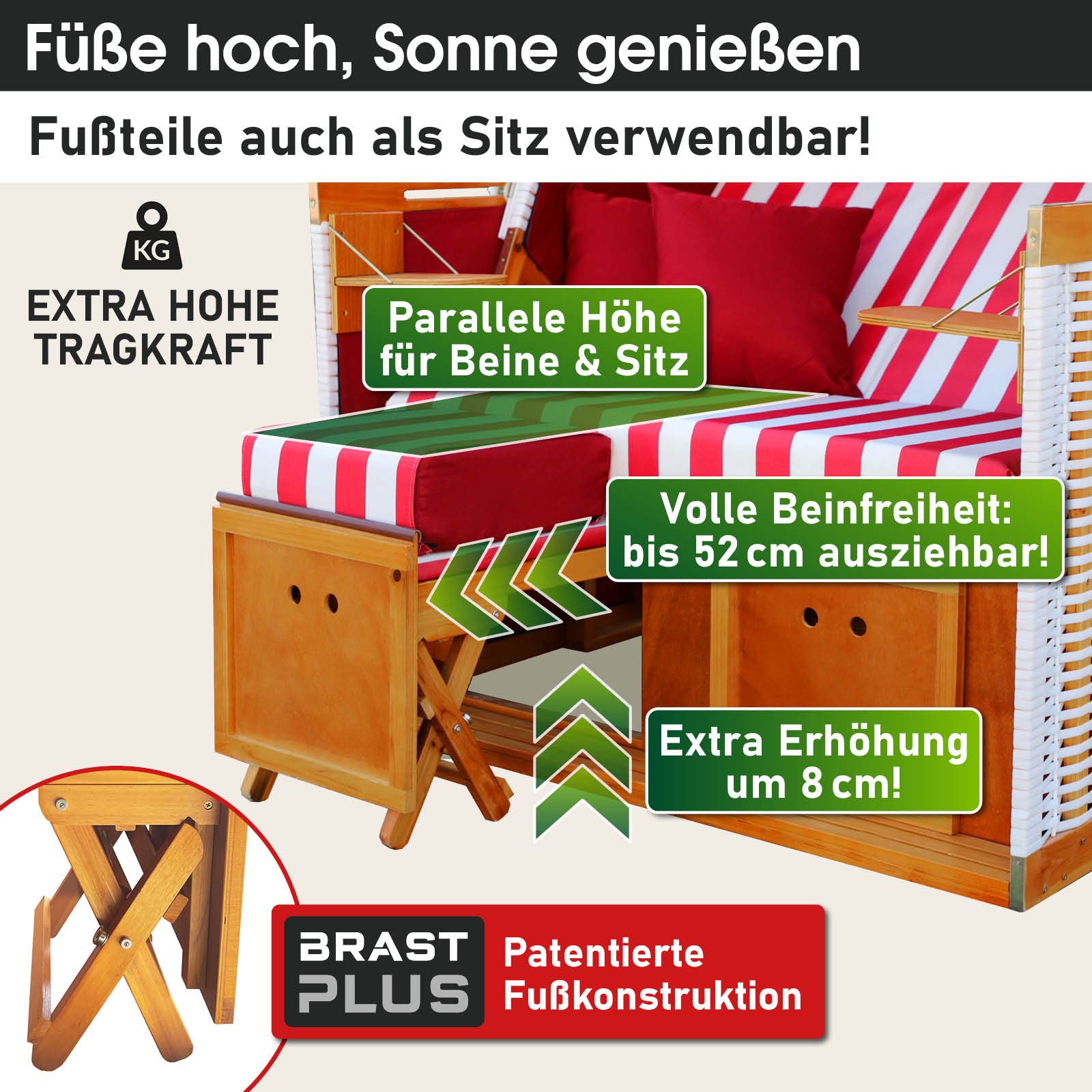 BRAST Strandkorb für 2 Personen, 120cm breit, 4 Designs, BxTxH: 120x79x150 cm, Volllieger, Norderney Deluxe, (verstellbare Rückenlehne weiches Fußkissen)