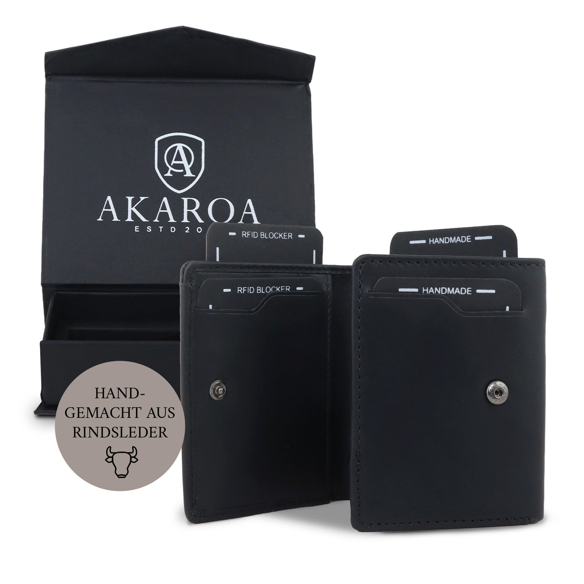 AKAROA Geldbörse Henry, Slim wallet mit 10 Kartensteckplätze 7,5 x 9,5 cm, Handgemacht aus Rindsleder