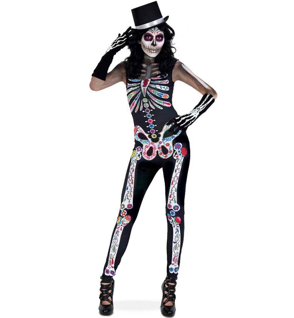 Fries Zombie-Kostüm Damen La Catrina Kostüm Jumpsuit Halloween Karneval S oder M