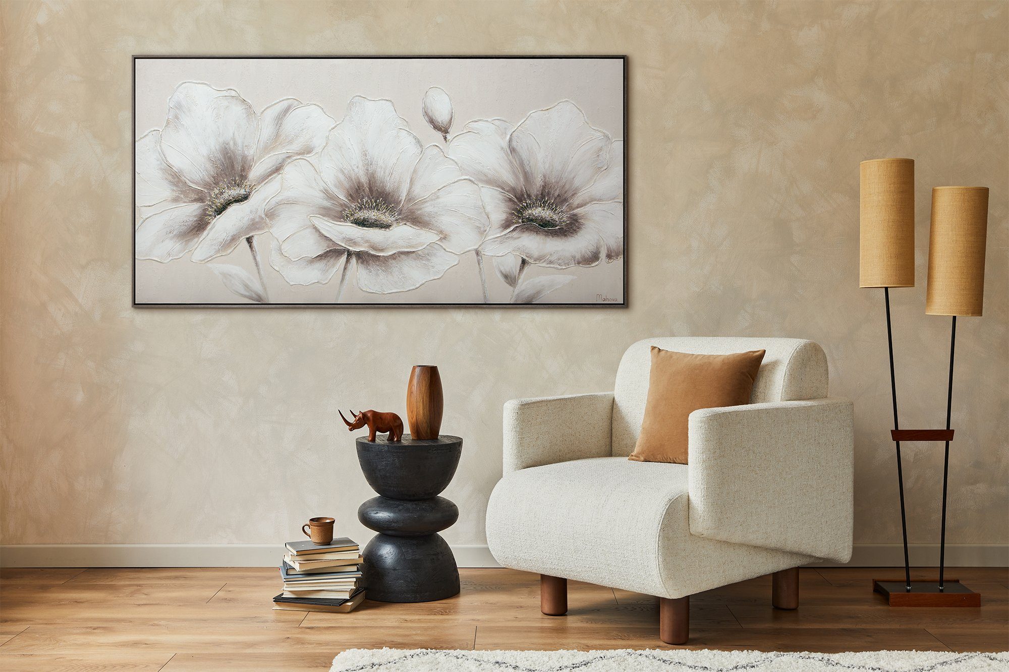 YS-Art Bild auf Weiß Grau Handgemalt Leinwand Beige Gemälde Blumen in Mit II, Rahmen Schwarz Blumen, Blumen