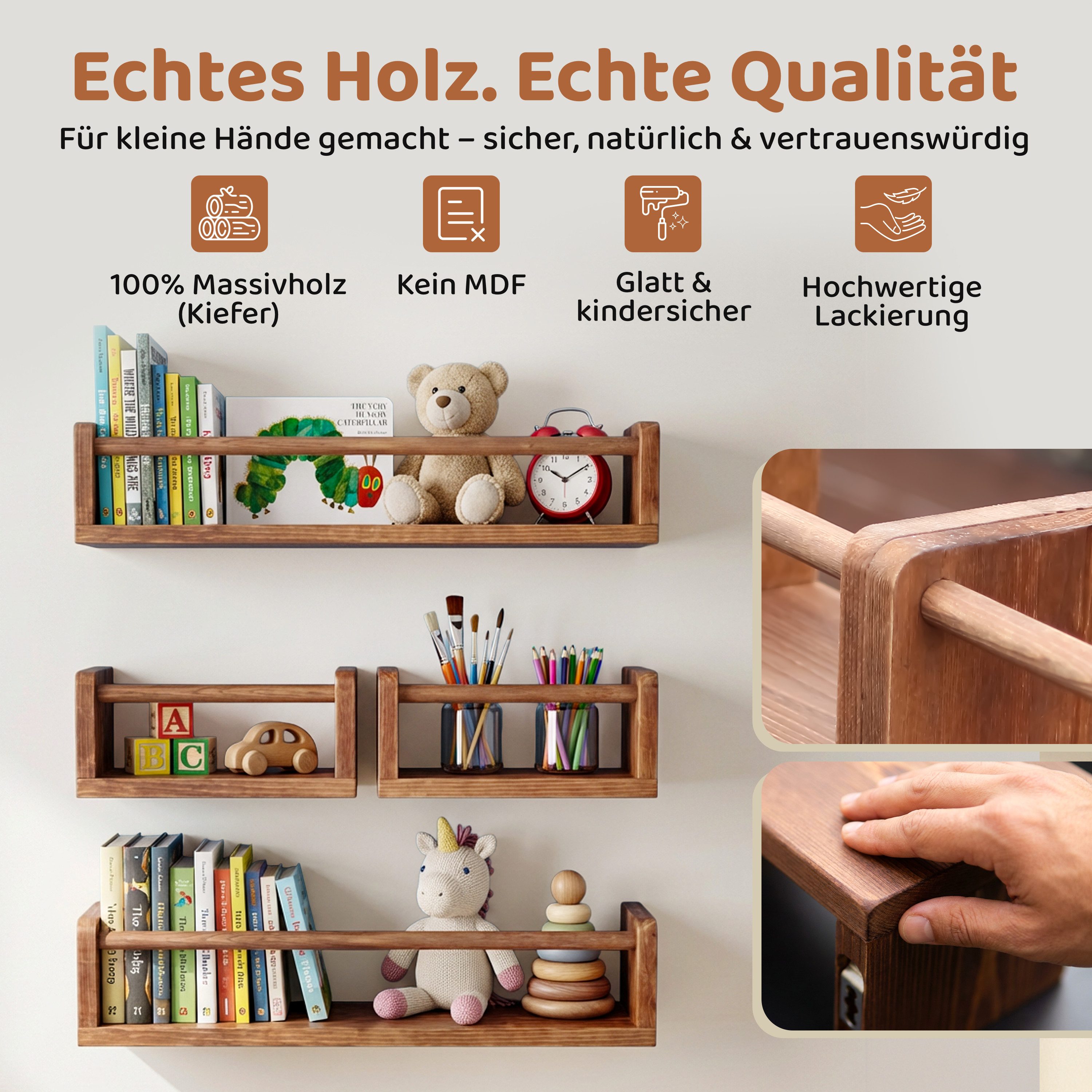 PEGSEN Deko-Wandregal Regal Set aus Echtholz Schweberegal für Deko Kinderzimmer, Set 4-tlg., flexibel kombinierbar – Bild 5 von 5