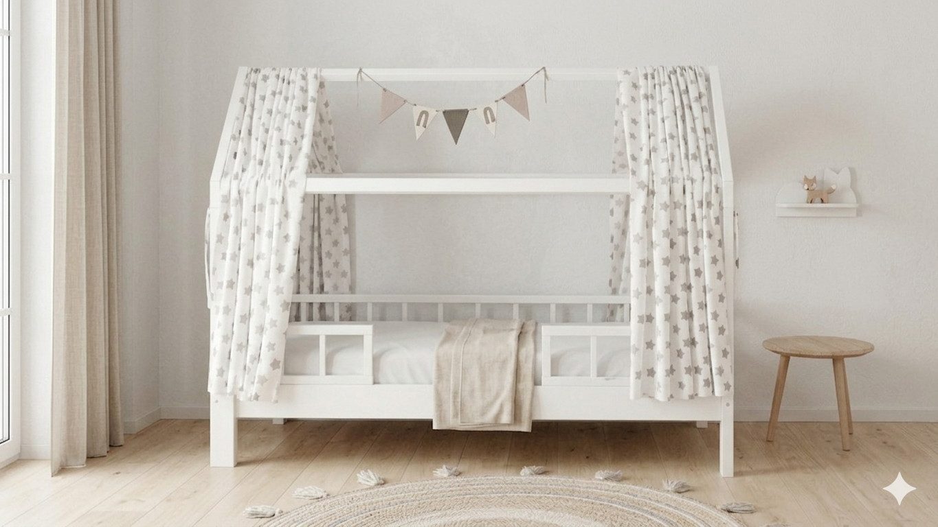 Puckdaddy GmbH Hausbett Hausbett Carlotta mit abnehmbarem Rausfallschutz 200x90cm aus Holz