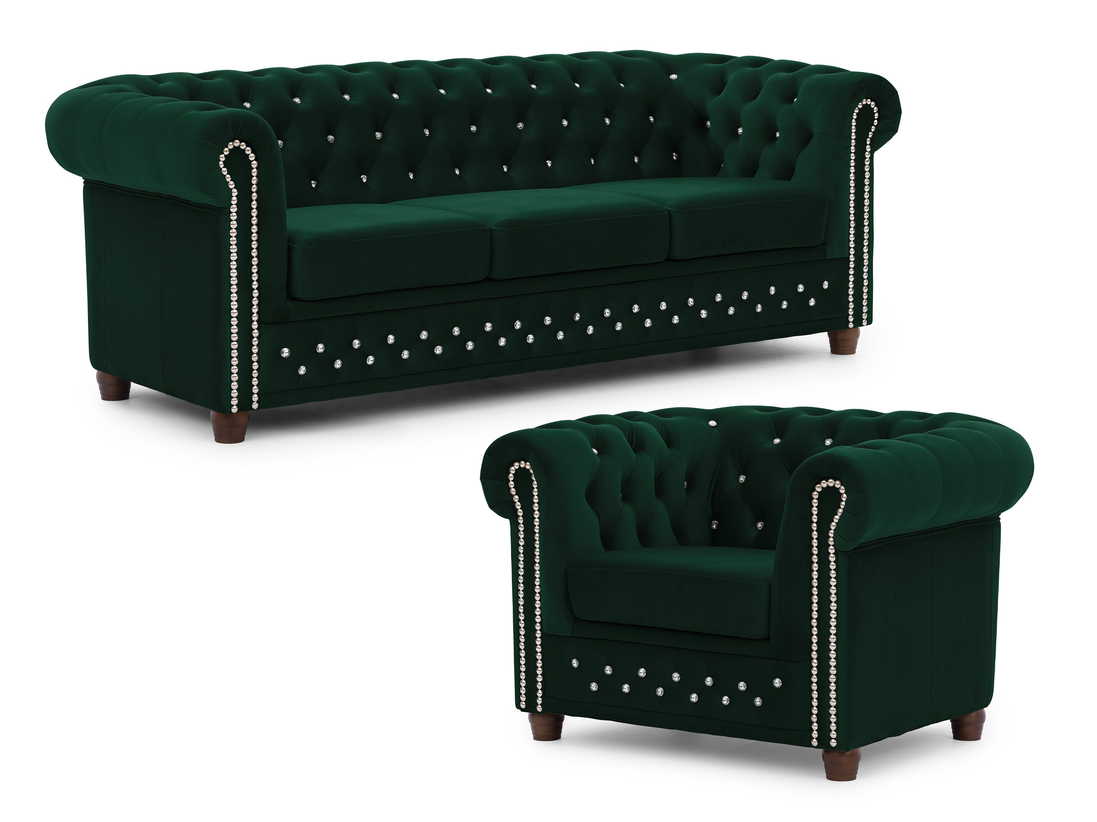 S-Style Möbel Polstergarnitur Chesterfield 3+1 Cleo Blink aus Samt mit Kristallsteppung, (1x 3-Sitzer-Sofa, 1x Sessel)