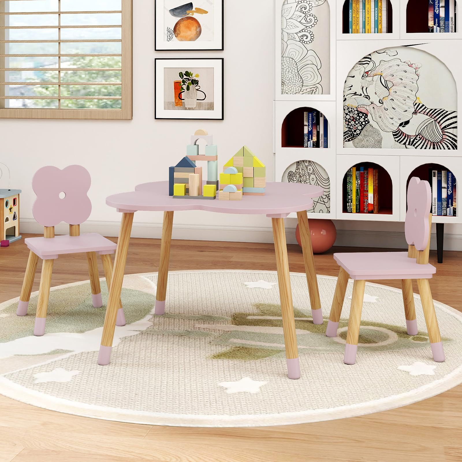COSTWAY Kindersitzgruppe, (3-tlg), Kindertisch-Set in Blumenform, 2 Stühlen