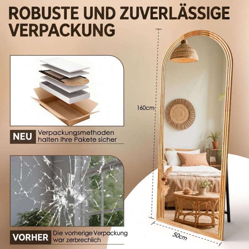 Aiorber Standspiegel Aiorber-Bogen Ganzkörperspiegel Holzrahmen 50x160cm (Einzelspiegel), Stepped arched wooden frame, HD reflection – Bild 3 von 5