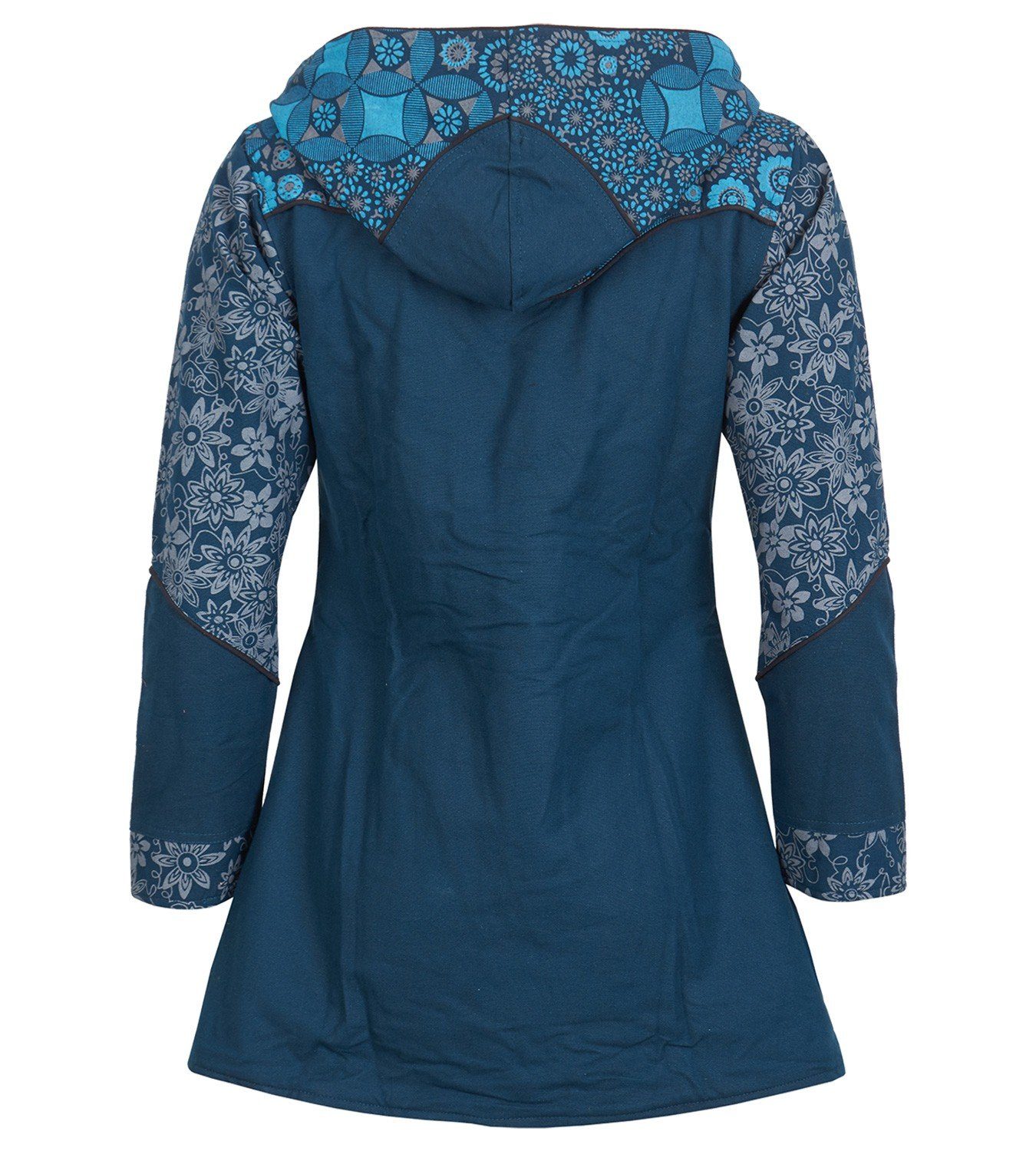 KUNST UND MAGIE Langjacke Kunst und Magie Damenmantel + Kapuze Blumenmuster Jacke Baumwolle Boho