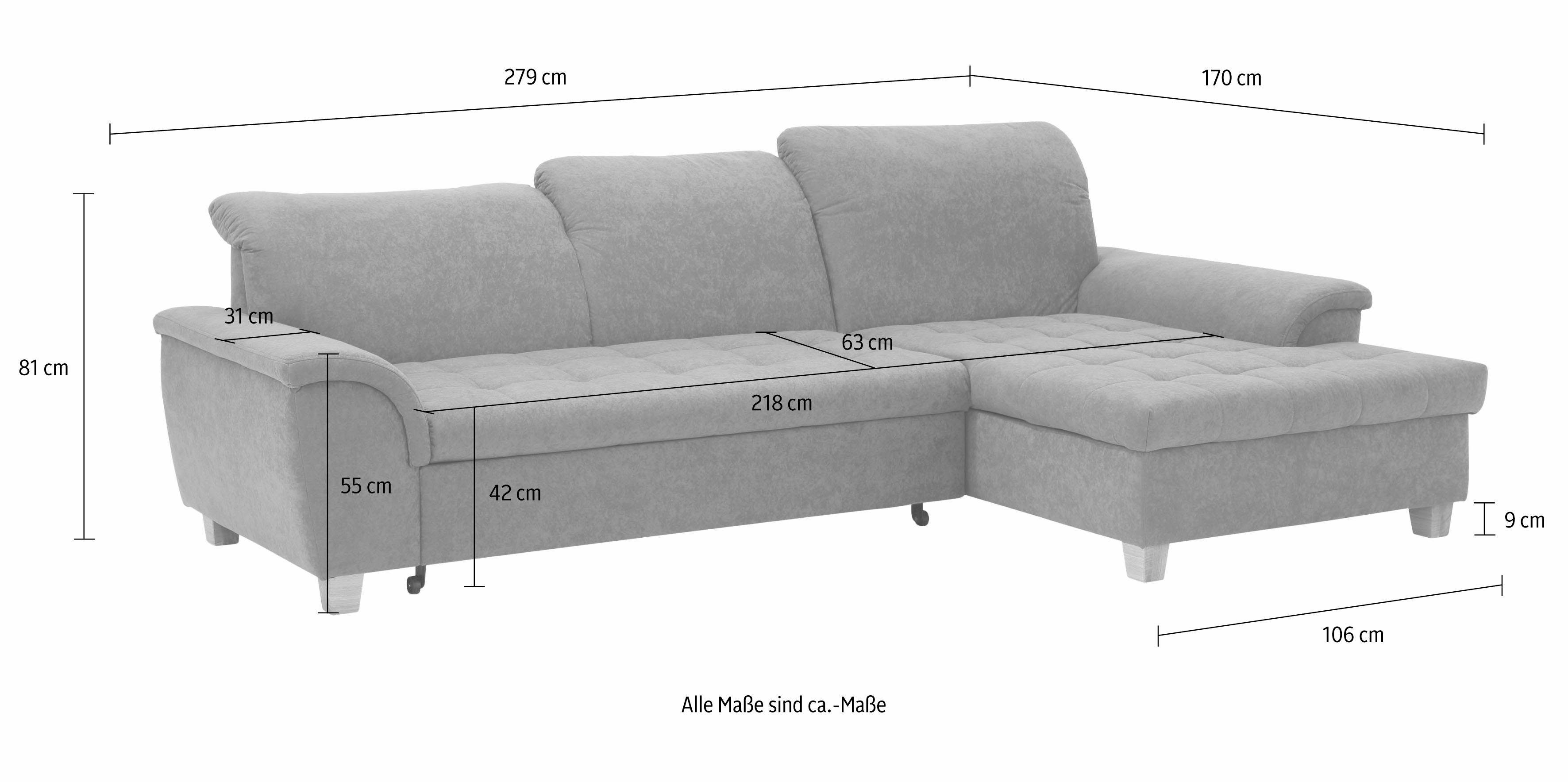 Home affaire Ecksofa Lyla fester Sitzkomfort, bequeme Armlehnen, Breite 279cm, L-Form, mit Recamiere, wahlweise mit Rückenfunktion und zusätzlich mit Bett