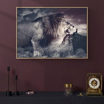 TPFLiving Kunstdruck (OHNE RAHMEN) Poster - Leinwand - Wandbild, Afrikanische Kunst - Wilder brüllender Löwe und kleine Frau in schwarz und weiß (Motiv in verschiedenen Größen), Farben: Leinwand bunt - Größe: 20x30cm