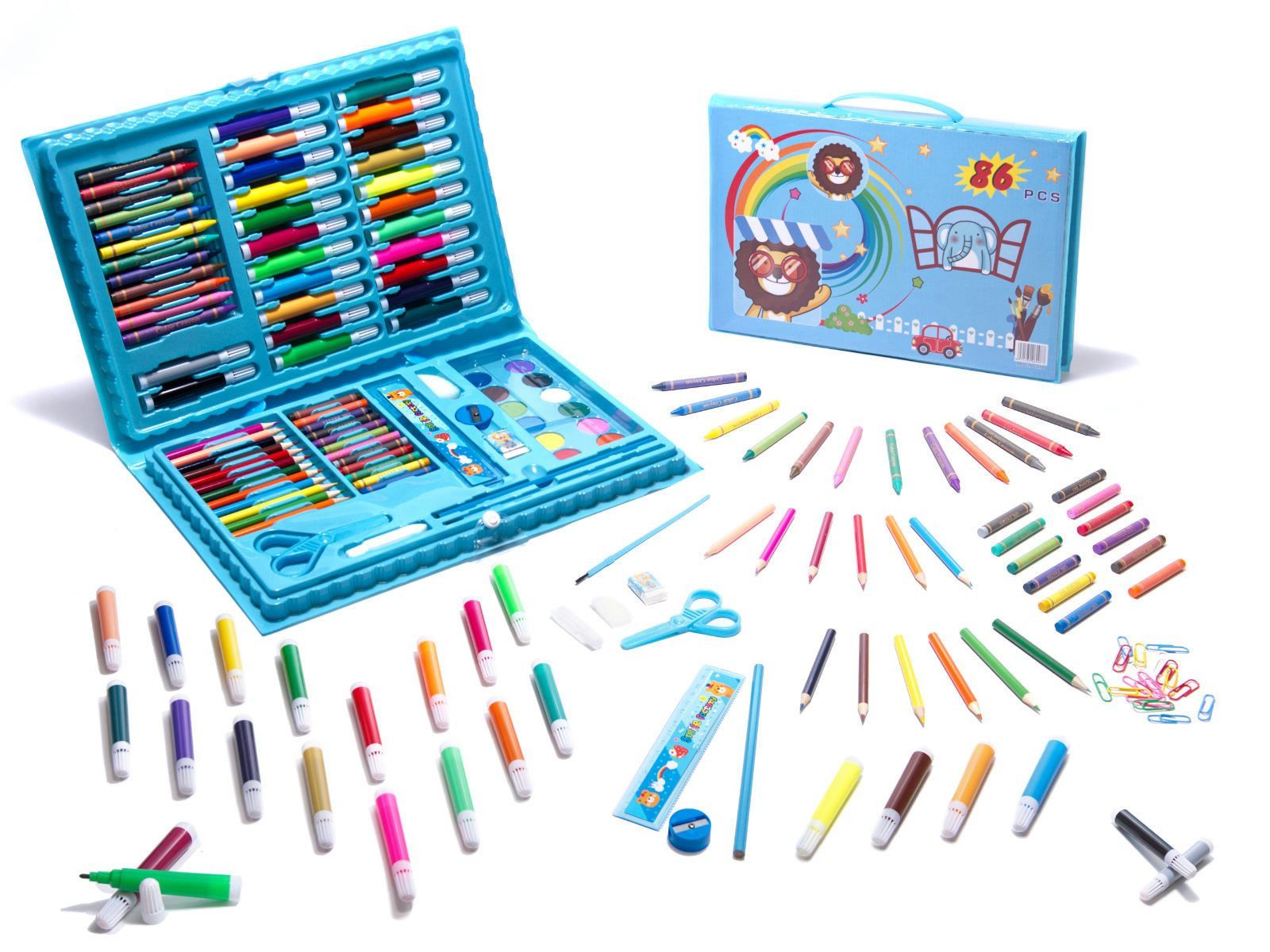 Ikonka Malstift Malset im Koffer 86-teilig für Kinder kreatives Zeichnen Malkoffer, (Kreatives Zeichen und Malset für Kinder mit Koffer und Malzubehör, 86-tlg., 86-teiliges Malkoffer-Set mit Stiften, Farben und Zubehör für Kinder), umfangreiches Malset im