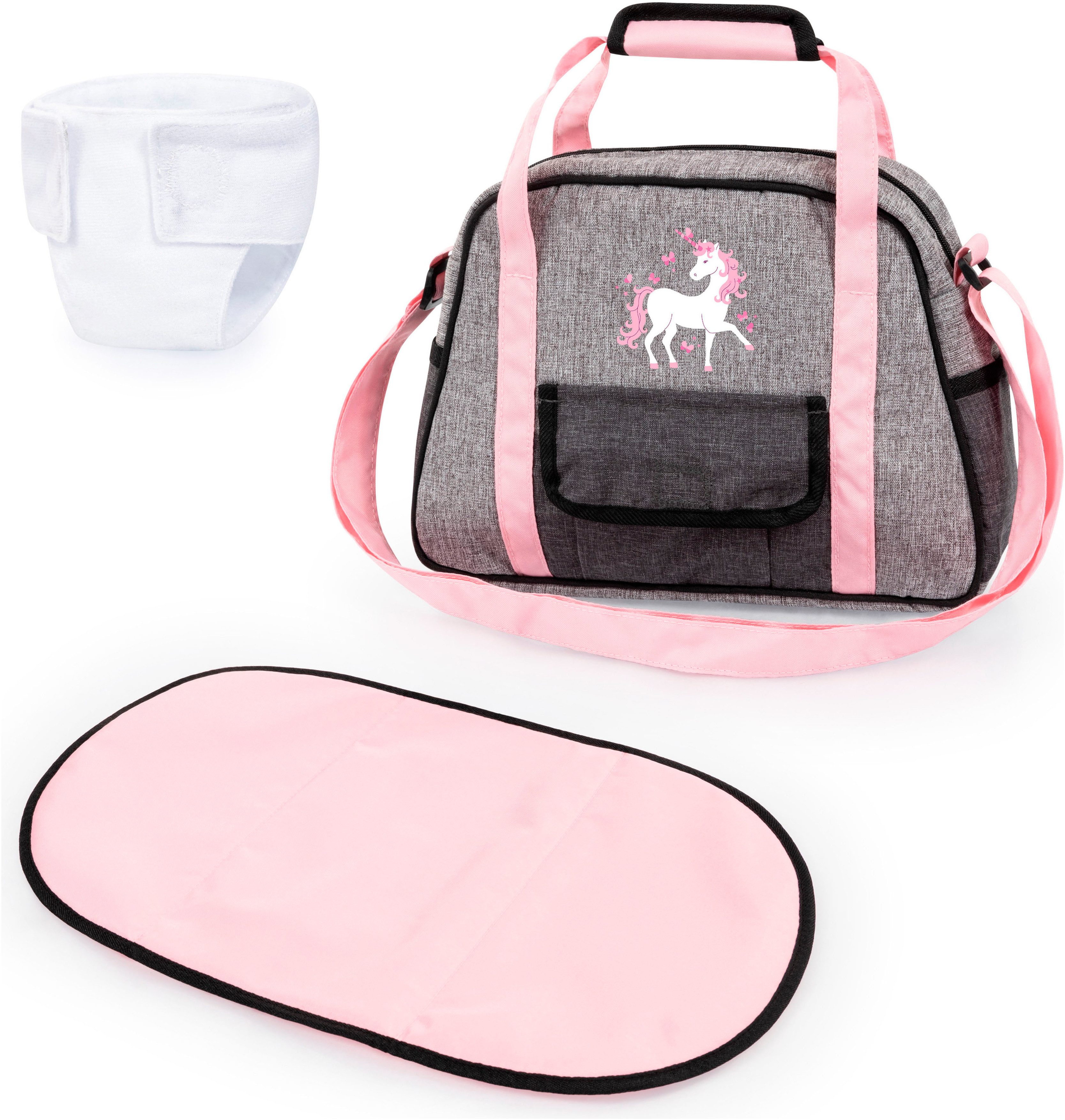 Bayer Puppen Wickeltasche grau/rosa Einhorn