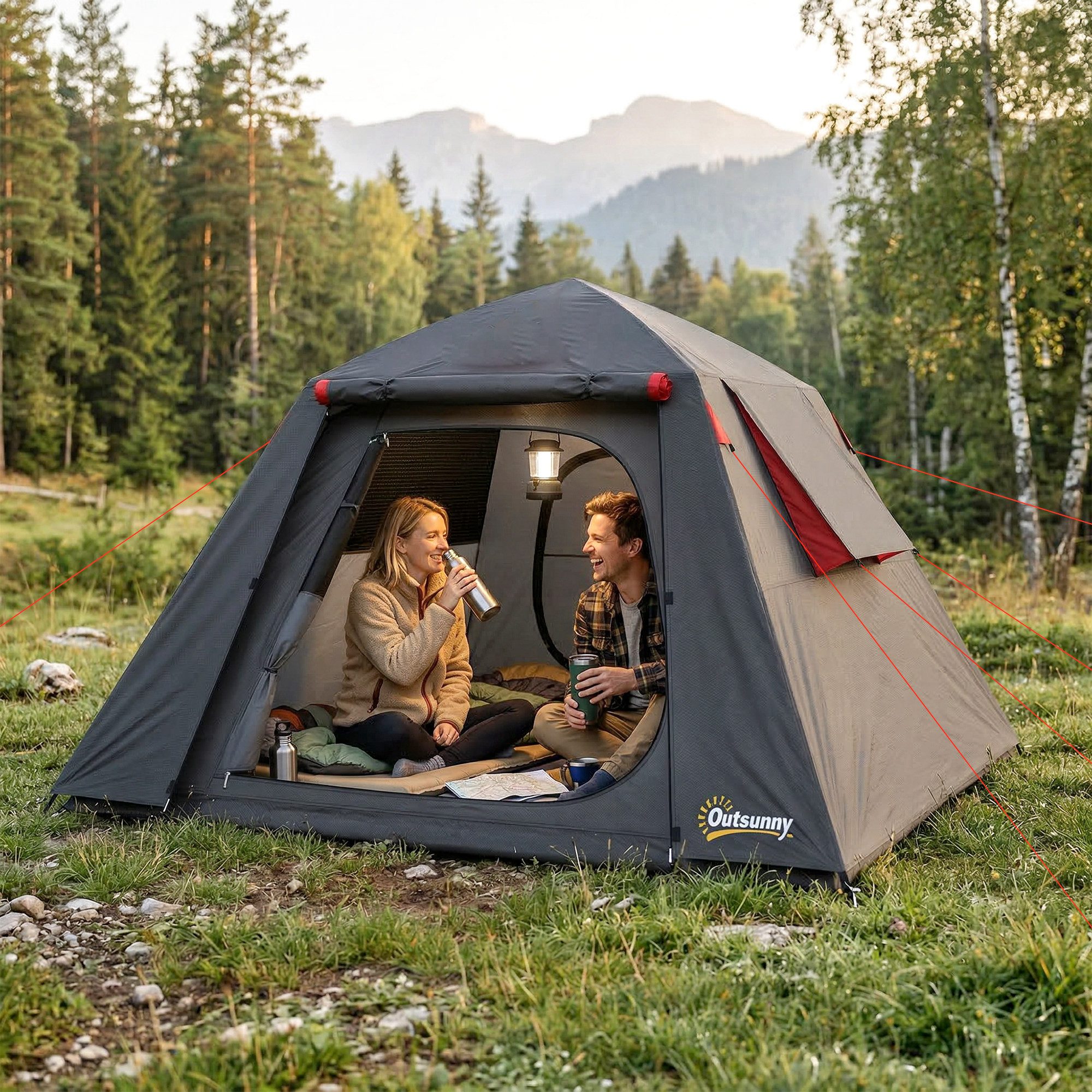 Outsunny Kuppelzelt Campingzelt 3000mm Wasserdicht Winddicht Camping Zelt mit Haken, Personen: 2 (Set, 1 tlg., mit Transporttasche), Zwei große Türen, gute Belüftung, leicht aufzubauen