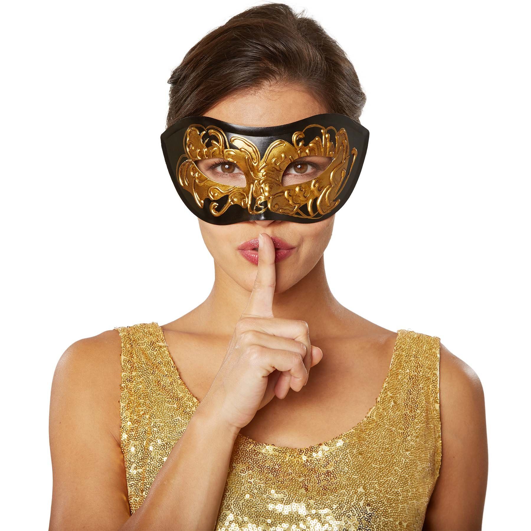dressforfun Kostüm Faschingskleidung/Maskeradenverkleidung, schwarz/gold, ca. 18 x 9 cm, Halbmaske, Einheitsgröße, feine Muster, Gummiband, Gewicht ca. 40 g