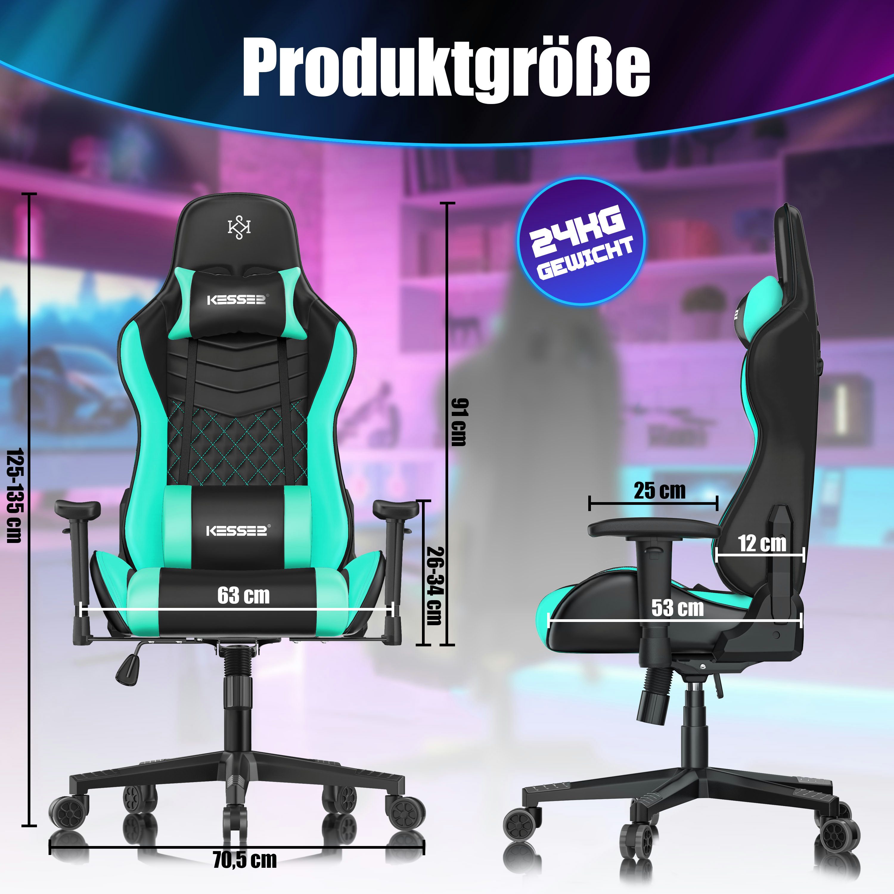 KESSER Gaming Chair, Ergonomisch Gamingstuhl 150kg belastbar Bürostuhl Lenden- & Kopfkissen