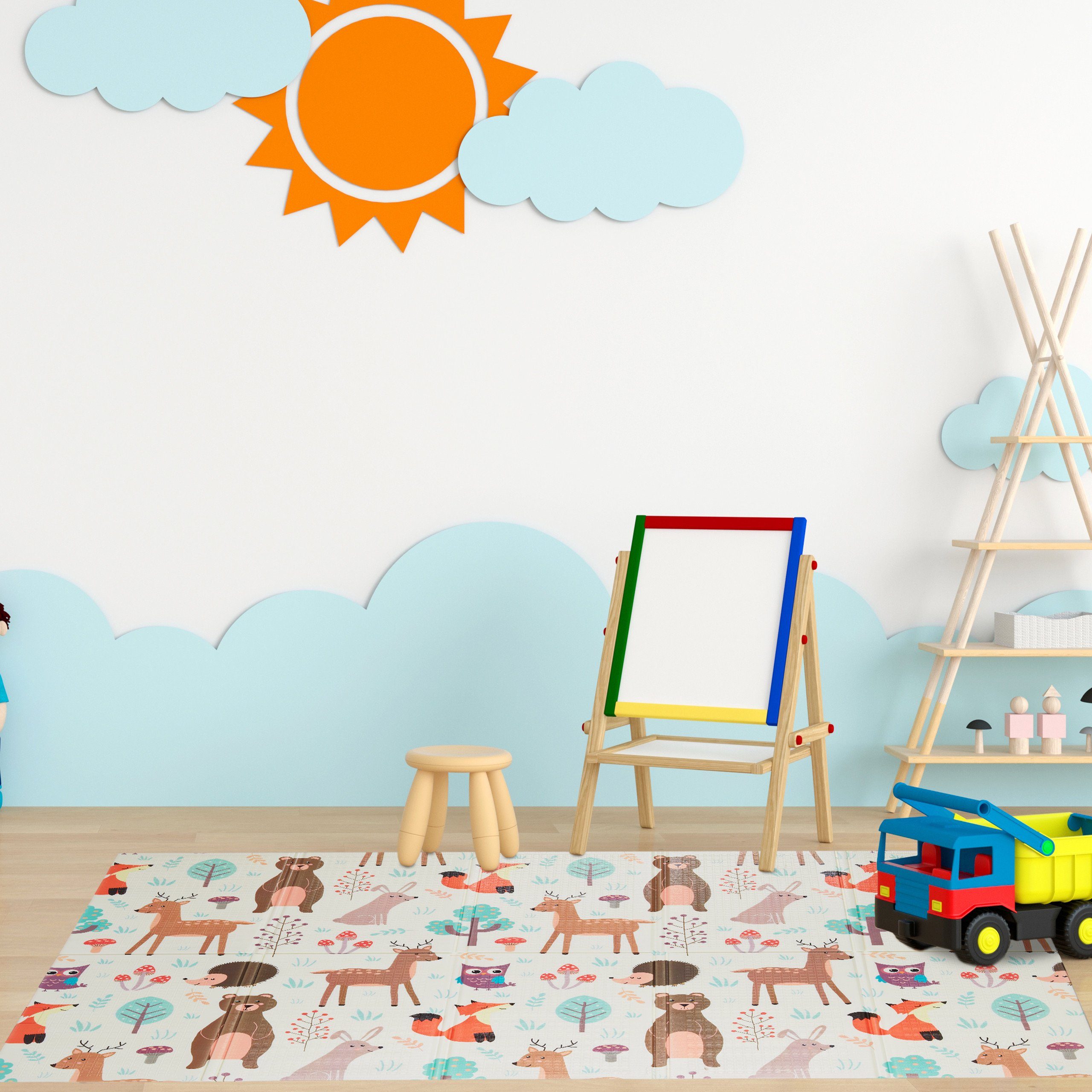 relaxdays Spielmatte Faltbare Spielmatte mit Waldtieren