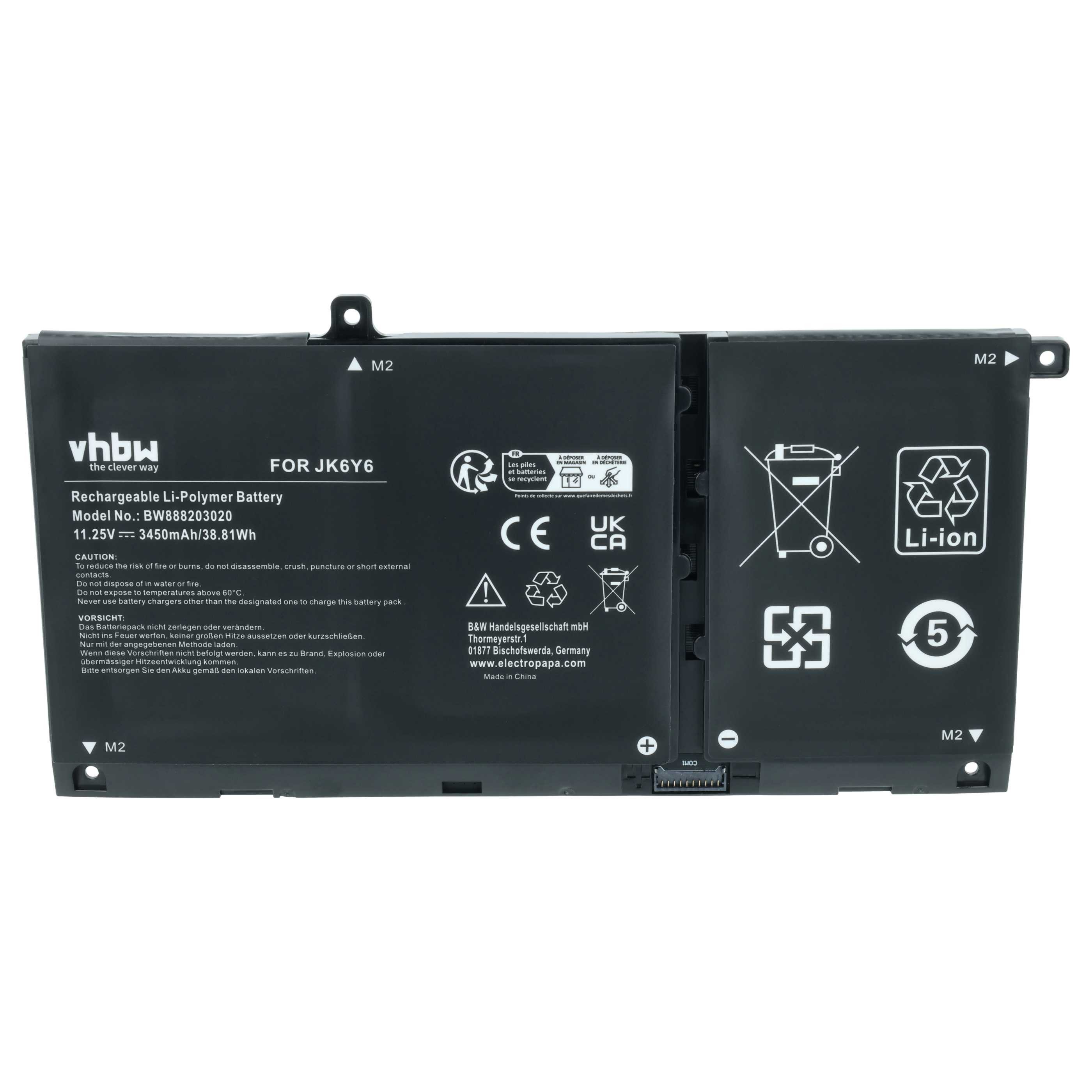 vhbw Akku passend für Dell Latitude 15 3510 Notebook / Computer (3450 mAh, Laptop-Akku Akku Li-Polymer 3450 mAh (11,25 V, 1 St), Leistungsfähiger Austausch-Akku für Notebook, Wiederaufladbar, Jede