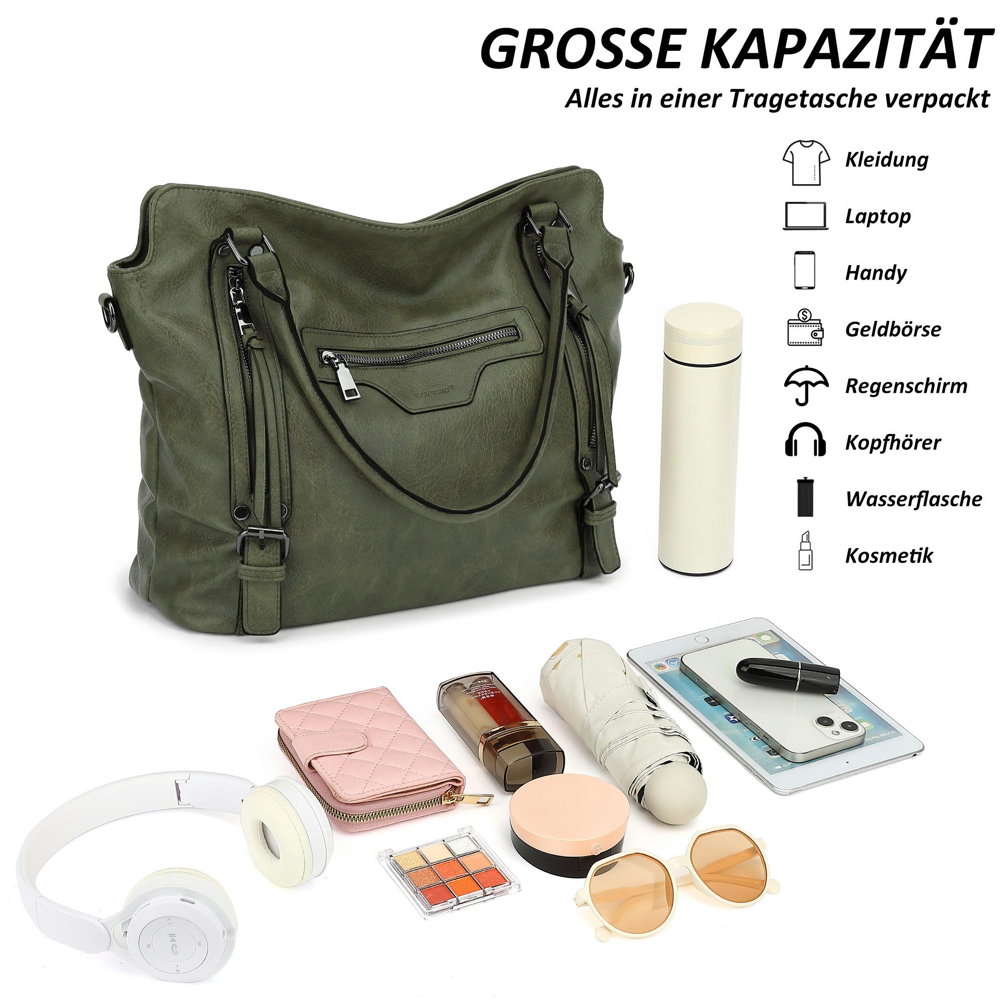 TAN.TOMI Handtasche Damen Shopper - Set Schultertasche Henkeltasche Umhängetasche, Mit abnehmbarem Schultergurt für Büro Schule Einkauf Reise – Bild 4 von 5