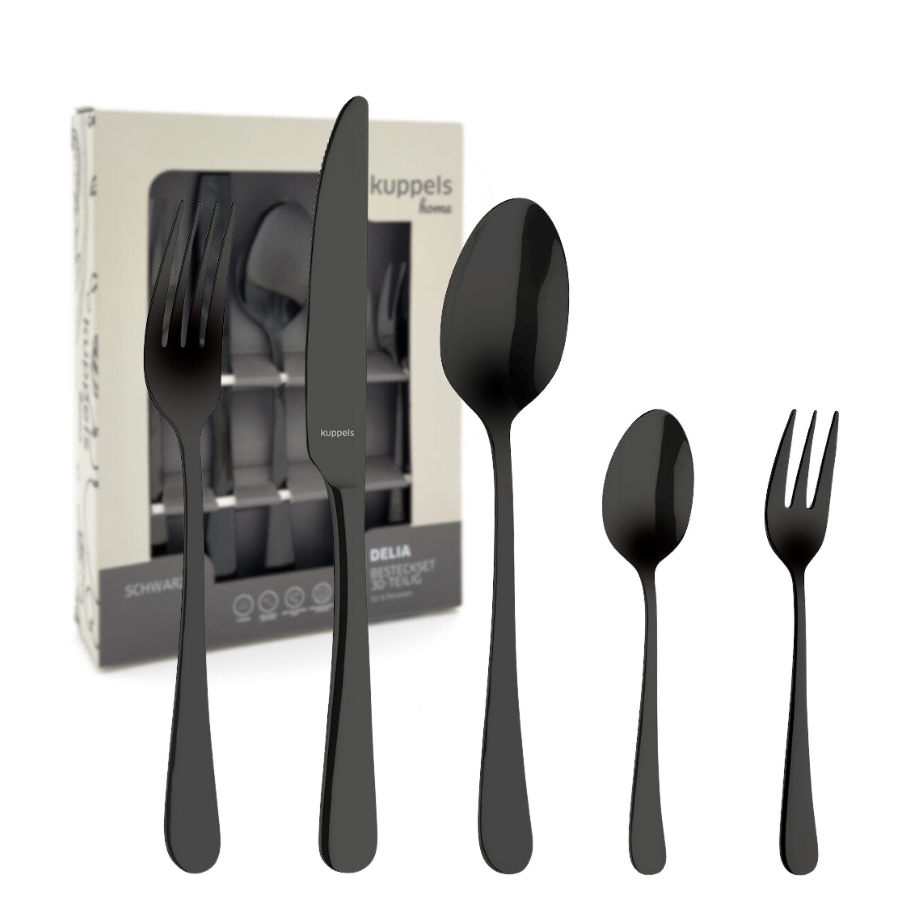 Kuppels Besteck-Set DELIA eine schlichte Eleganz, ergonomisch mit abgerundeten Griffenden (30-tlg), 6 Personen, Edelstahl Rostfrei 18/0, Handreinigung empfohlen, schwarzfarbener PVD Veredelung