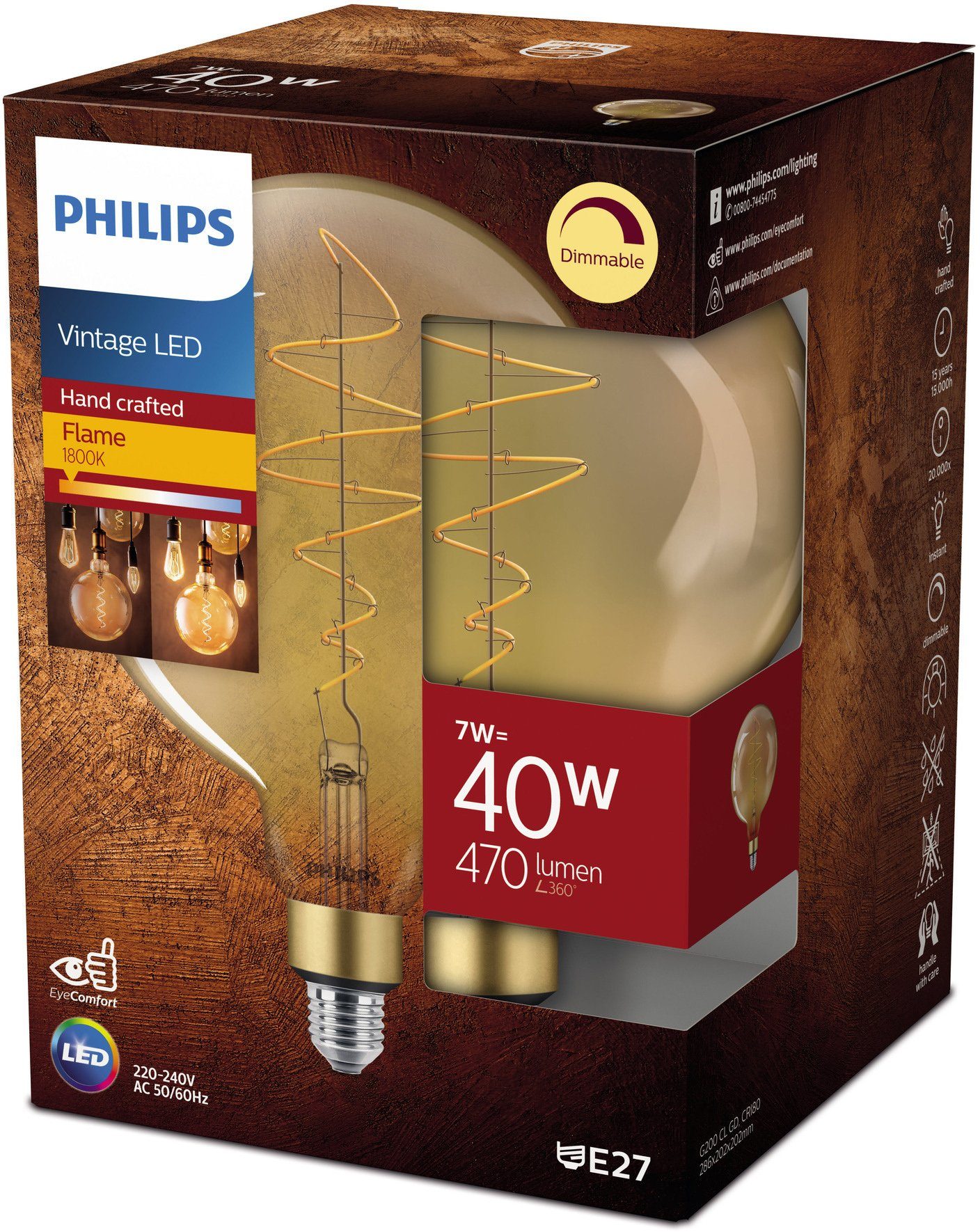LED E27 XL-Globe St., E27, 1er 40W 1 Philips LED-Leuchtmittel Warmweiß, dimmbar Vintage, Lampe gold