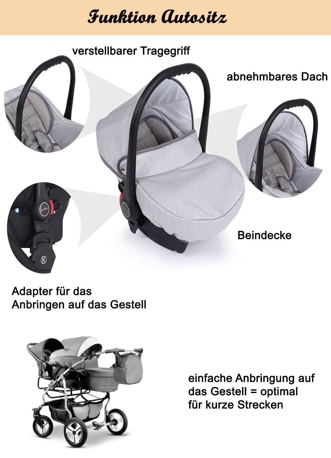 Autositze in Lux Duet 17 in Farben Teile - 1 13 inkl. 3 - Elcar Zwillings-Kombikinderwagen Hellgrau-Schwarz