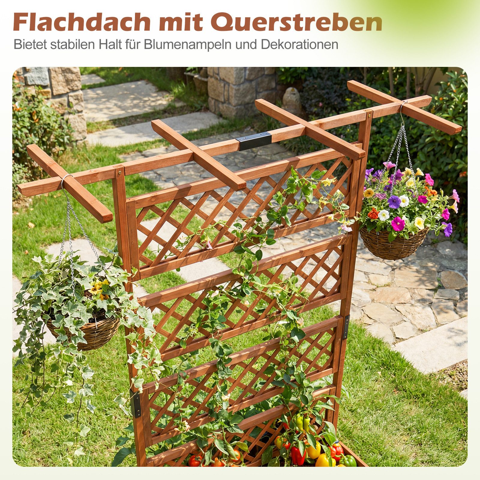 COSTWAY Blumenkasten (1 St), Pflanzkübel, Hochbeet mit Rankgitter & Dach, 100x55x183cm