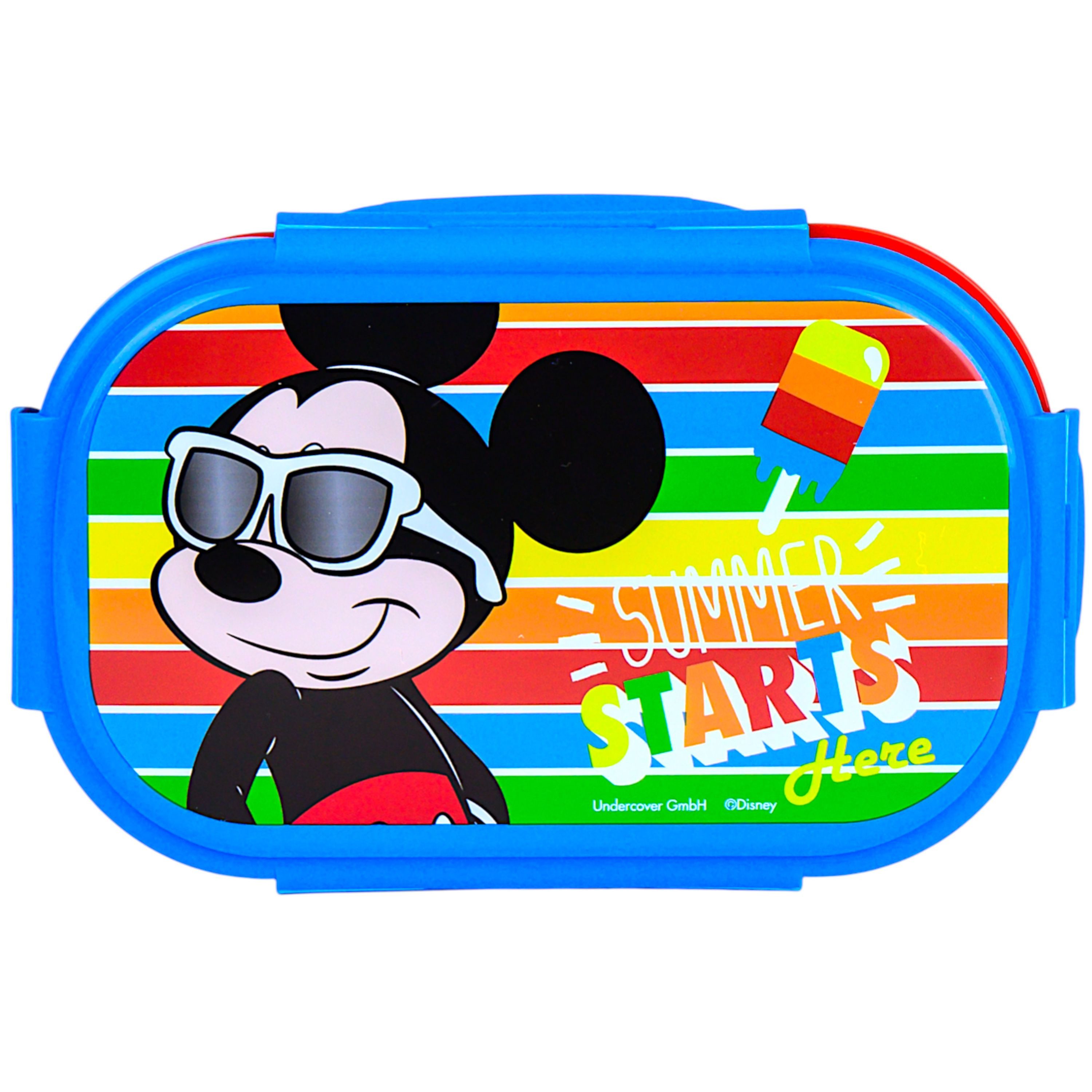 Disney Mickey Mouse Lunchbox Summer starts Here, PP, (2-tlg), Kinder Brotdose mit 2-Fach-Unterteilung & Göffel-Messer BPA frei