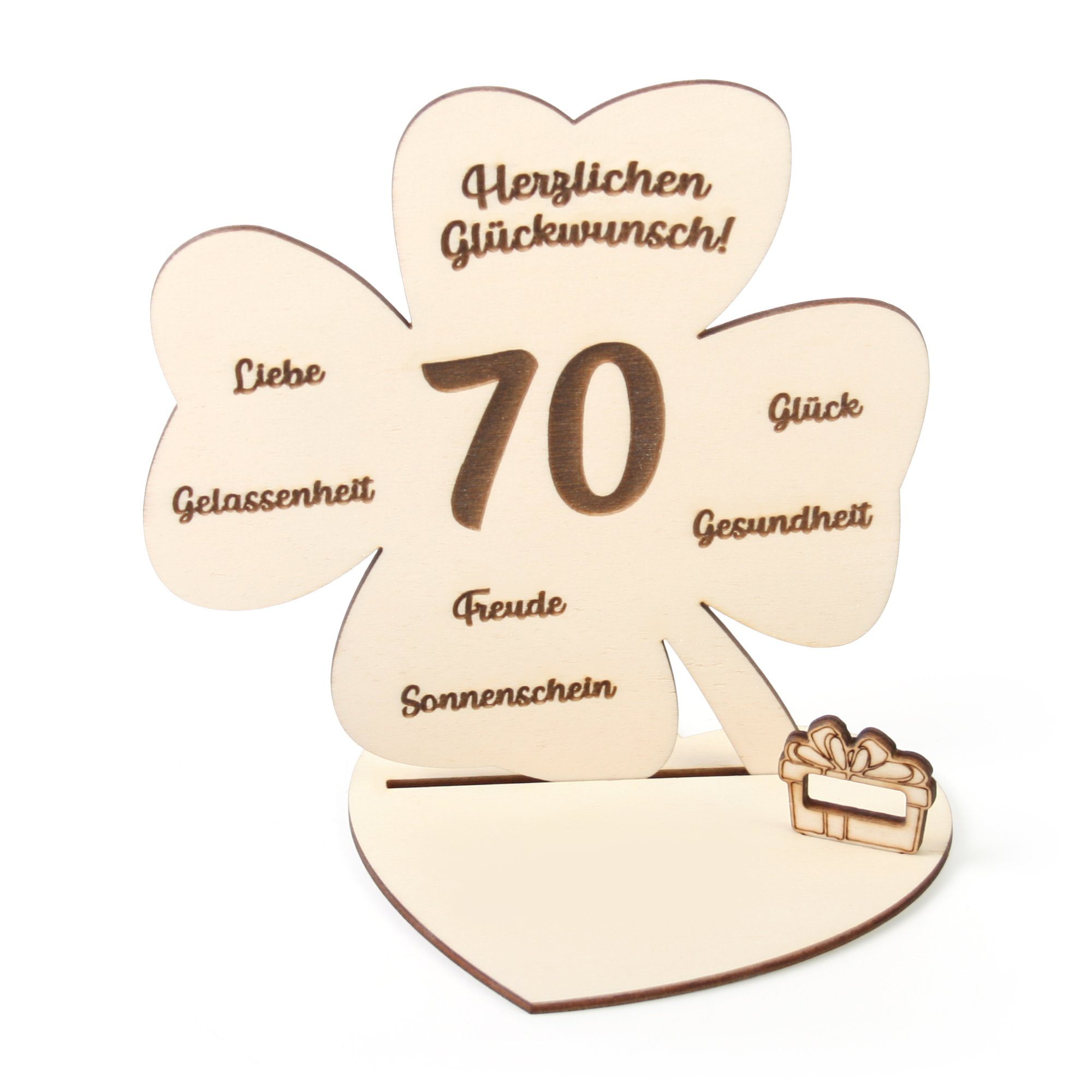 Kreative Feder Geburtstagskarte Dekorativer 3D Geschenk-Aufsteller  „Kleeblatt“ zum Geburtstag, originelle Geldgeschenk-Deko aus Holz