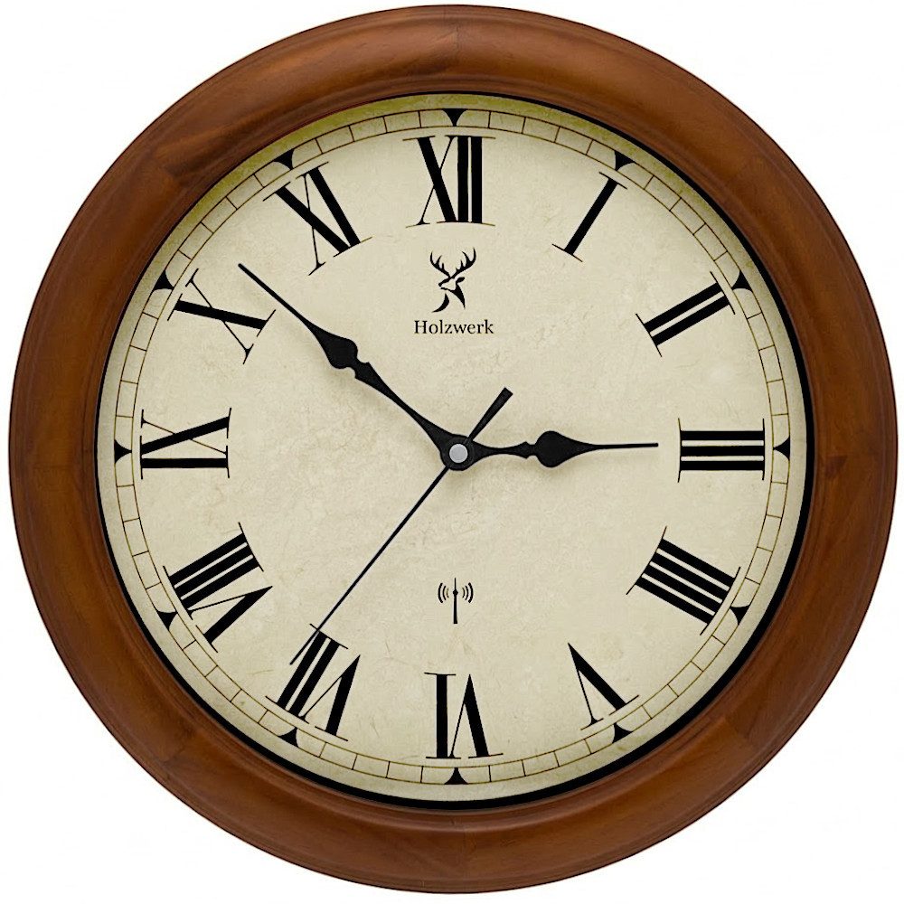 Holzwerk Funkwanduhr Designer Loft Funk Holz Wand Uhr (Nahezu lautloses Uhrwerk, analog, 35 cm)
