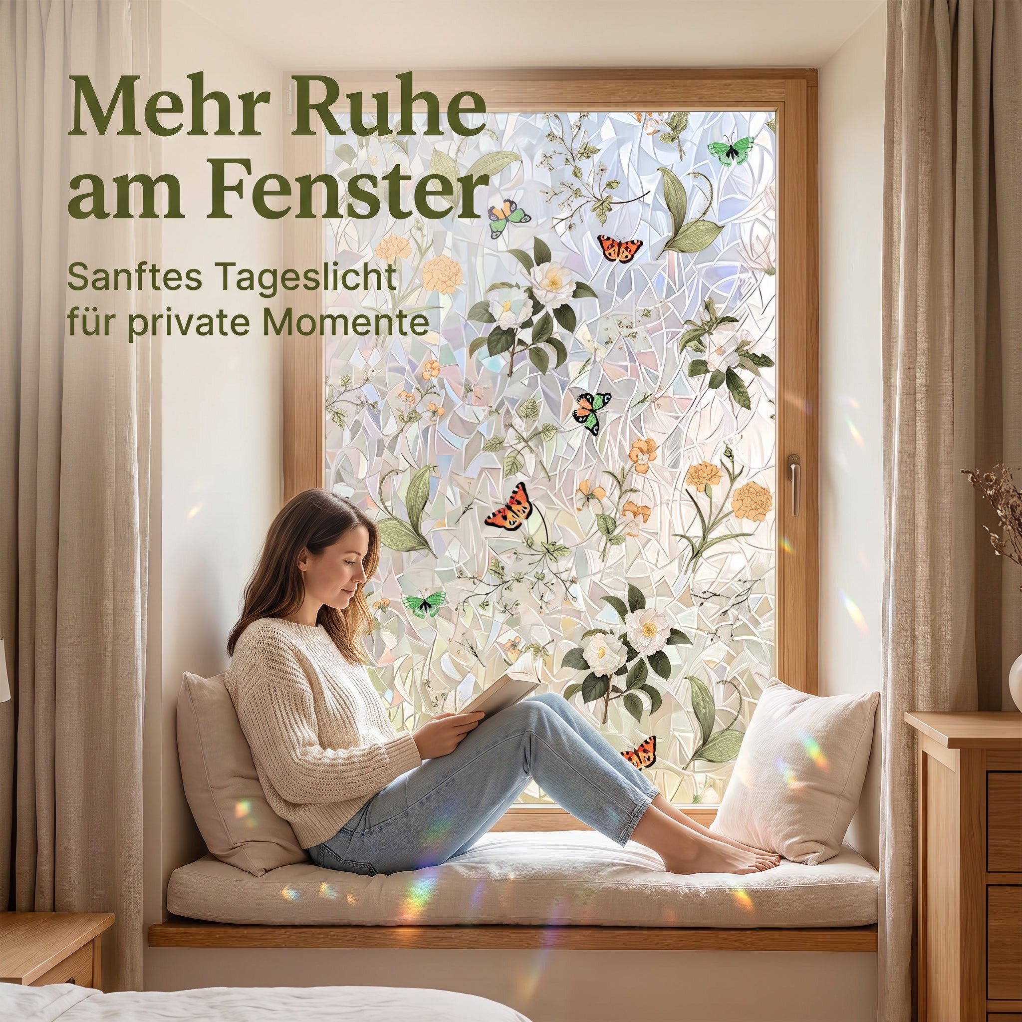 HomeBella Fensterfolie Buntglasoptik mit Blumen & Schmetterlingen, Dekorative Glasdekorfolie mit Blättermuster für Fenster & Glastüren – Bild 4 von 5