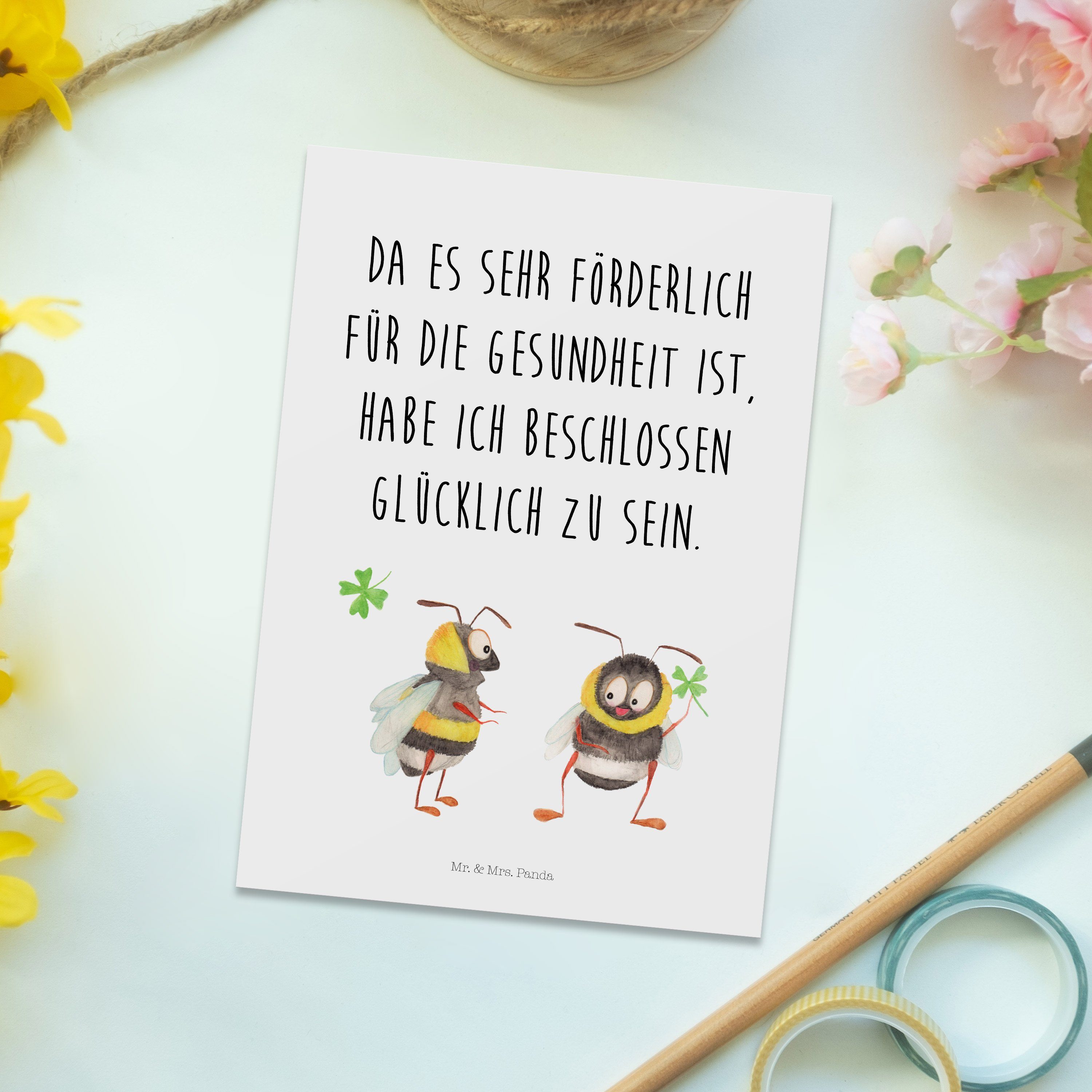 Mr. Panda Geschenk, Kleeblatt & Geburtstagskarte, - Hummeln Weiß Postkarte - sch mit Spruch Mrs.