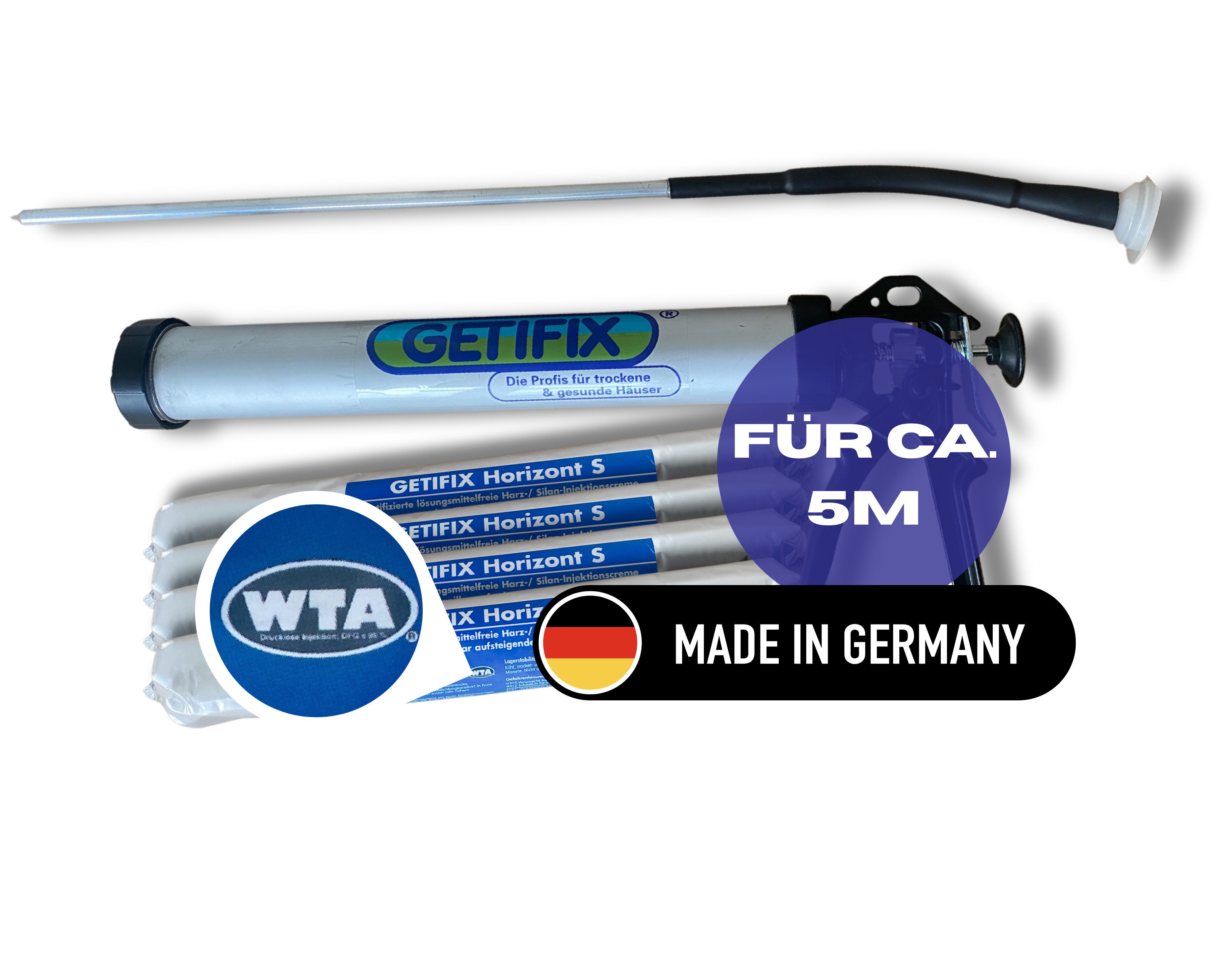 GETIFIX Dichtstoff GETIFIX Horizontalsperre Einsteiger Set, Neu, Gebrauchsfertig, (4-tlg), Leicht in der Anwendung, Renovierungsset für 5m oder 10m