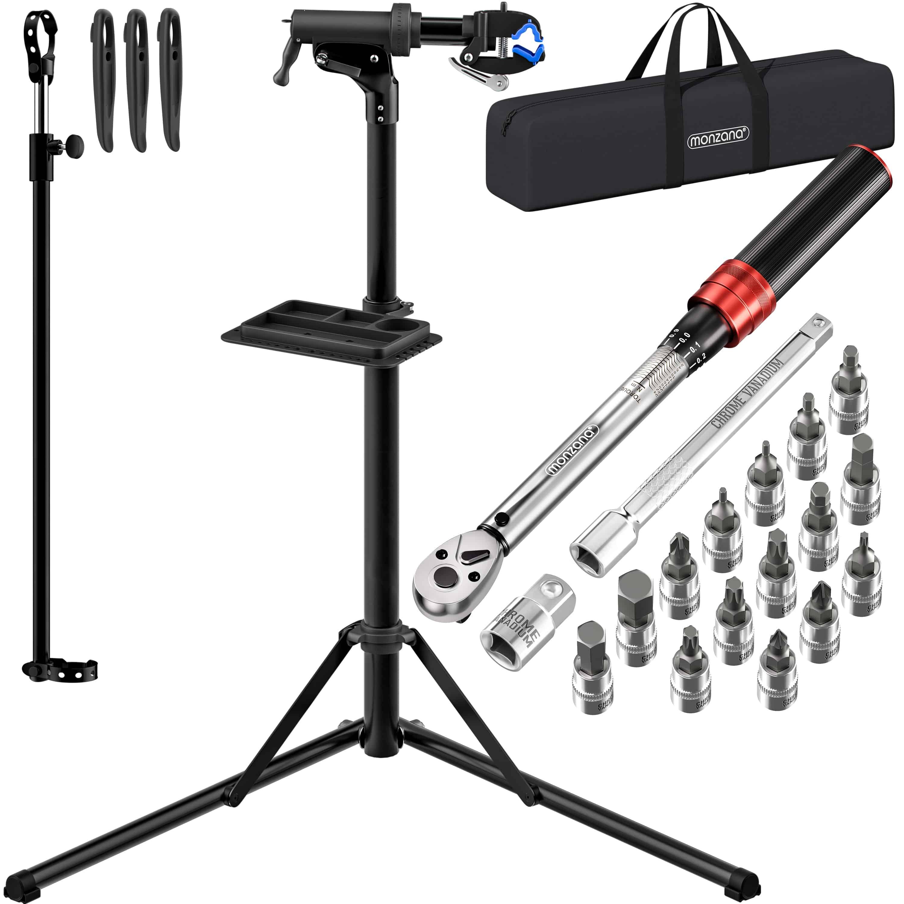 monzana Fahrrad-Montageständer, Drehmomentschlüssel 1/4 Zoll Set 1–25 Nm Bitset Tasche Transportbox