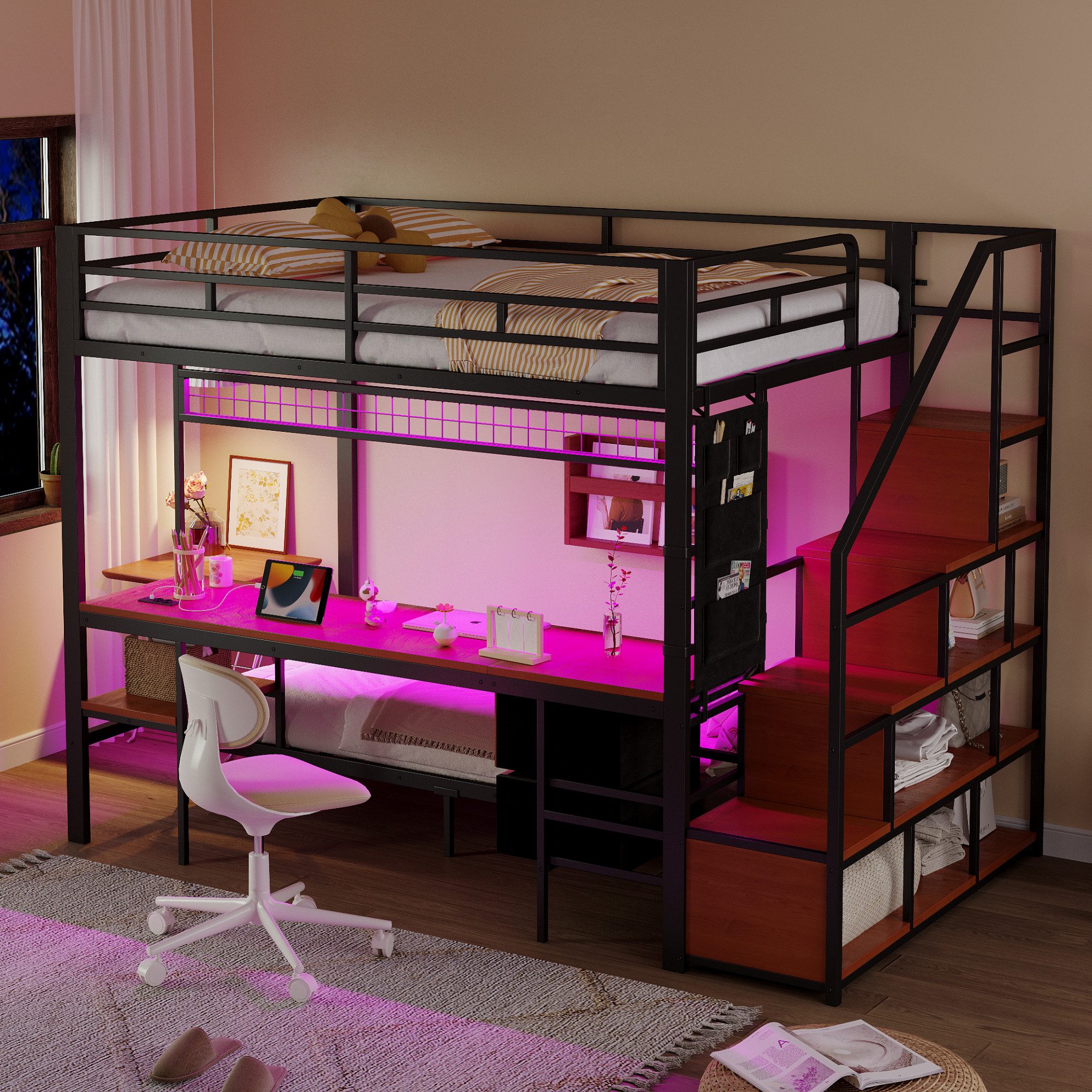 MODFU Etagenbett mit Stauraum & Stoffschubladen (Kinderbett mit LED-Schreibtisch, Steckdosen, 90x200cm+140x200cm), ohne Matratze