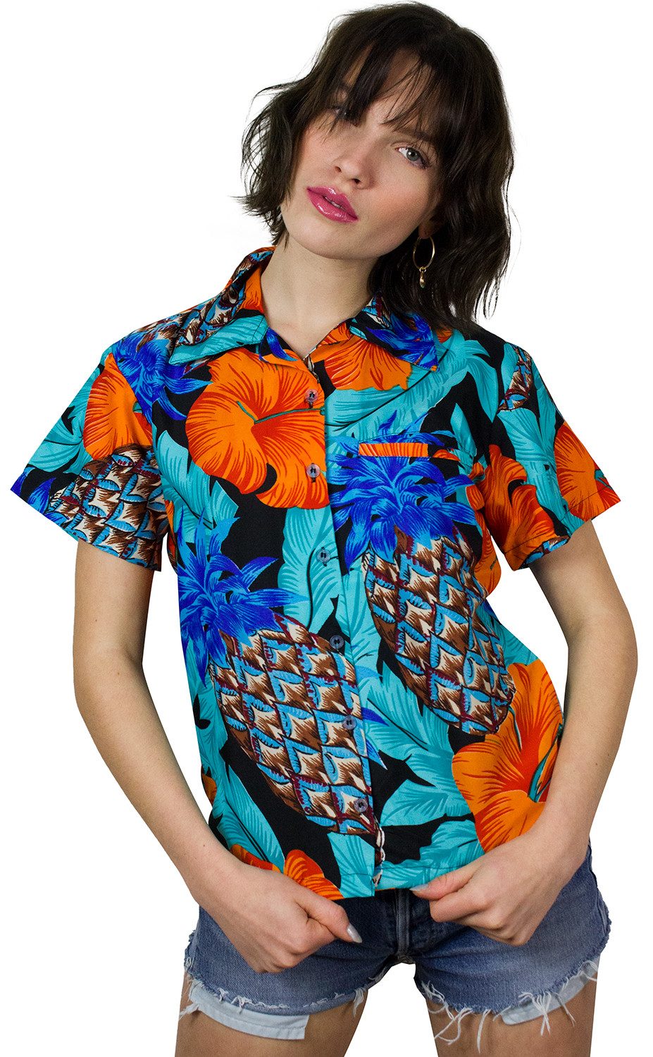 King Kameha Hawaiihemd Pineapple Hibiscus Funky Hawaiibluse Damen Kurzarm Front-Tasche