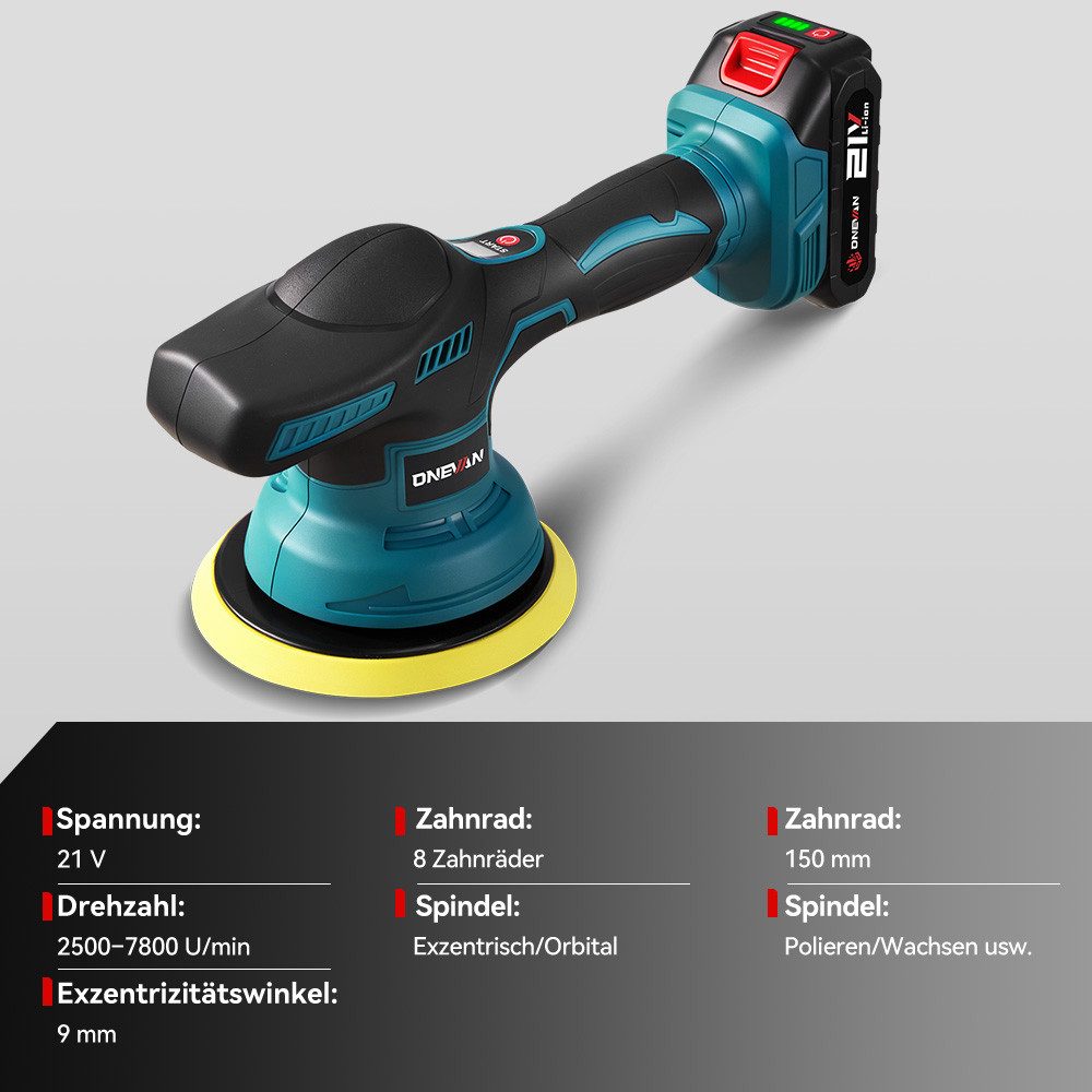 ONEVAN Cordless Polisher 150 mm Eccentric with 8 Variable Speeds up to 7800 rpm, 2500 min. rpm, 7800 max. rpm, Ø 150 mm, (with 2 batteries), for professional car detailing and effective scratch removal