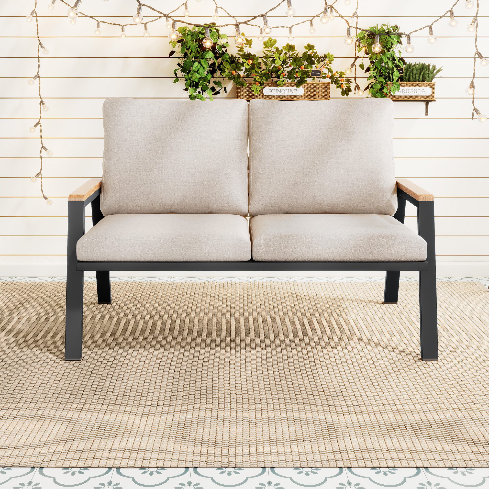 OKWISH Sofa für 2 Personen aus Polyester – Grau, Handläufe aus Holz-Kunststoff-Verbundwerkstoff, für Garten & Terrasse 1 Teile, 2-Sitzer Outdoorsofa aus verzinktem Stahl in Graubeige