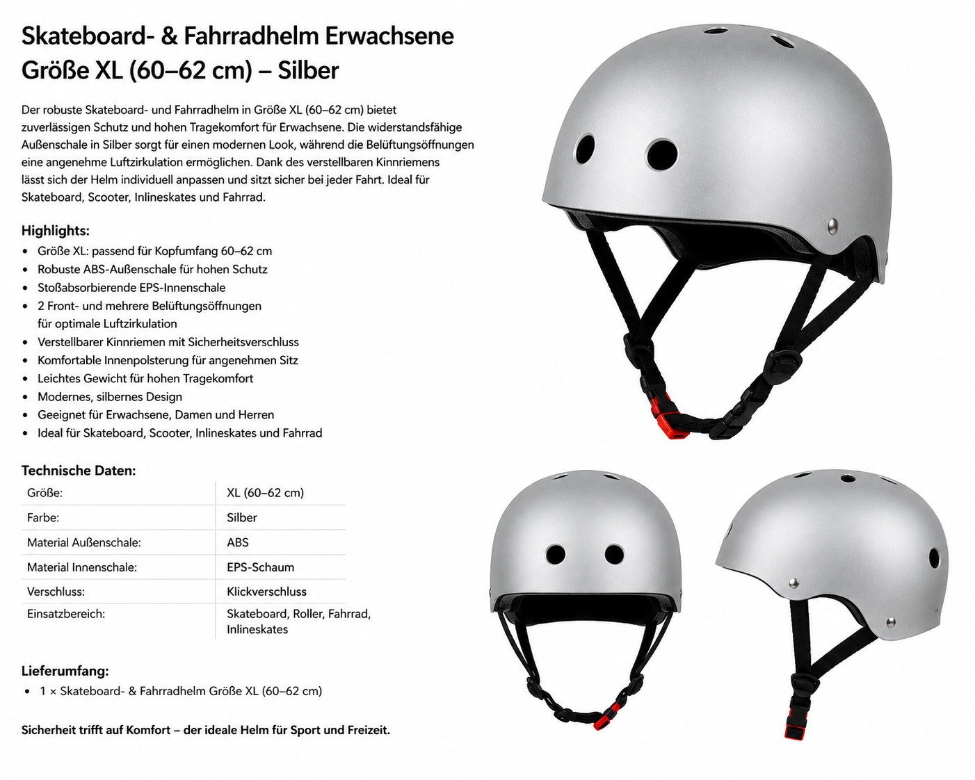 Rungassi Skatehelm Skate- und Fahrradhelm Helm „Aggressive“ 75CE_ZWA Silber XL