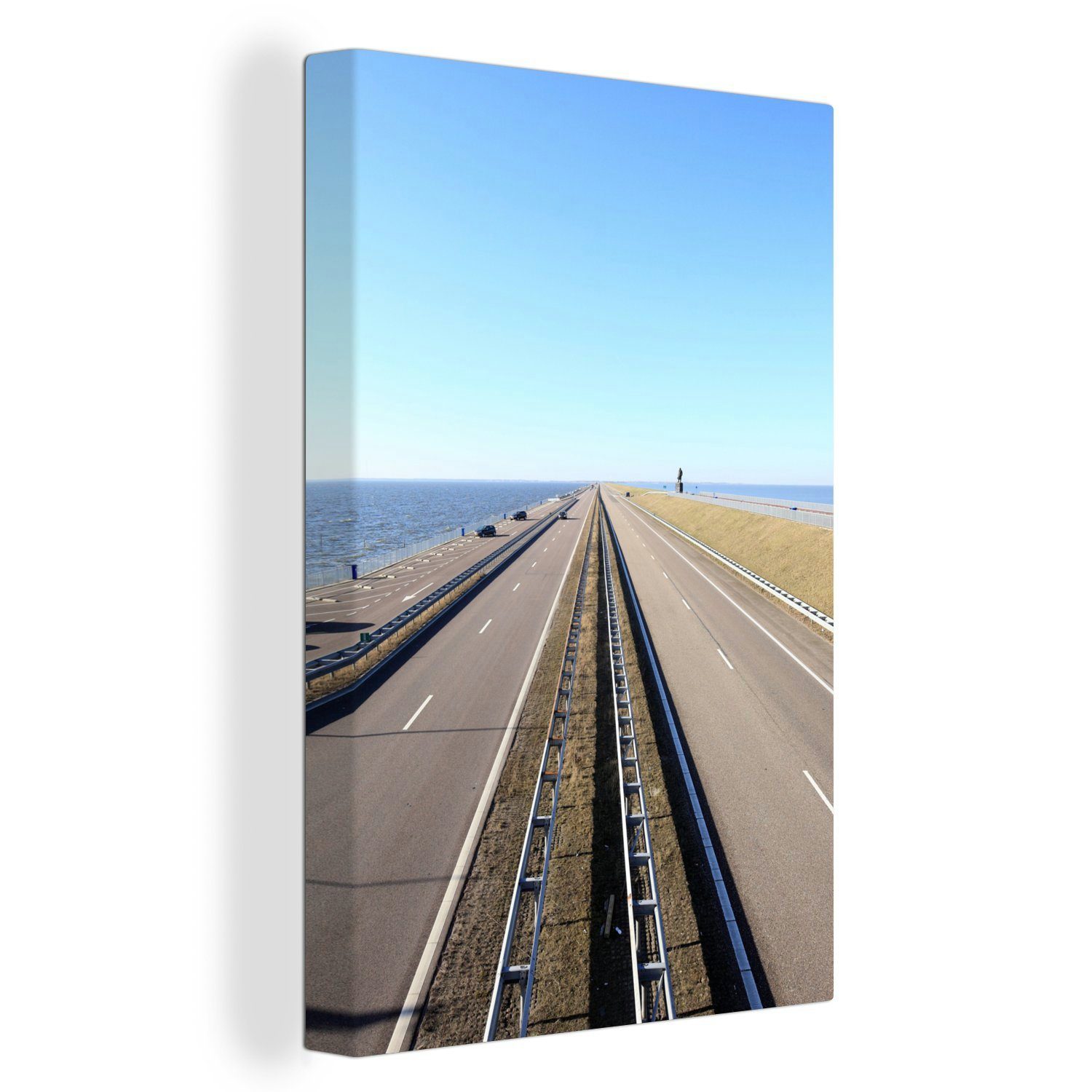 OneMillionCanvasses® Leinwandbild Niederländischer Afsluitdijk mit Gemälde, bespannt St), (1 cm fertig 20x30 Zackenaufhänger, Leinwandbild inkl. blauem Himmel