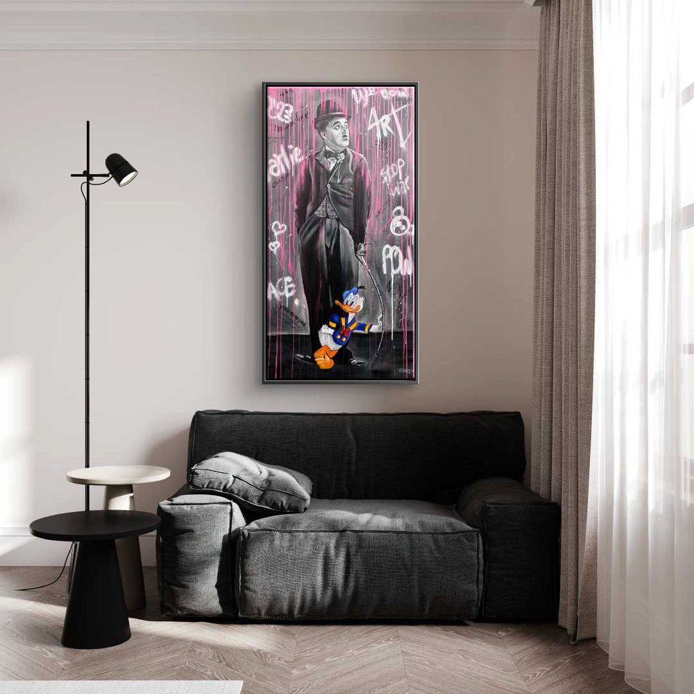 DOTCOMCANVAS® Leinwandbild, Leinwandbild Charlie mit premium Donald schwarzer Rahmen Pop Duck Rahmen Chaplin Art
