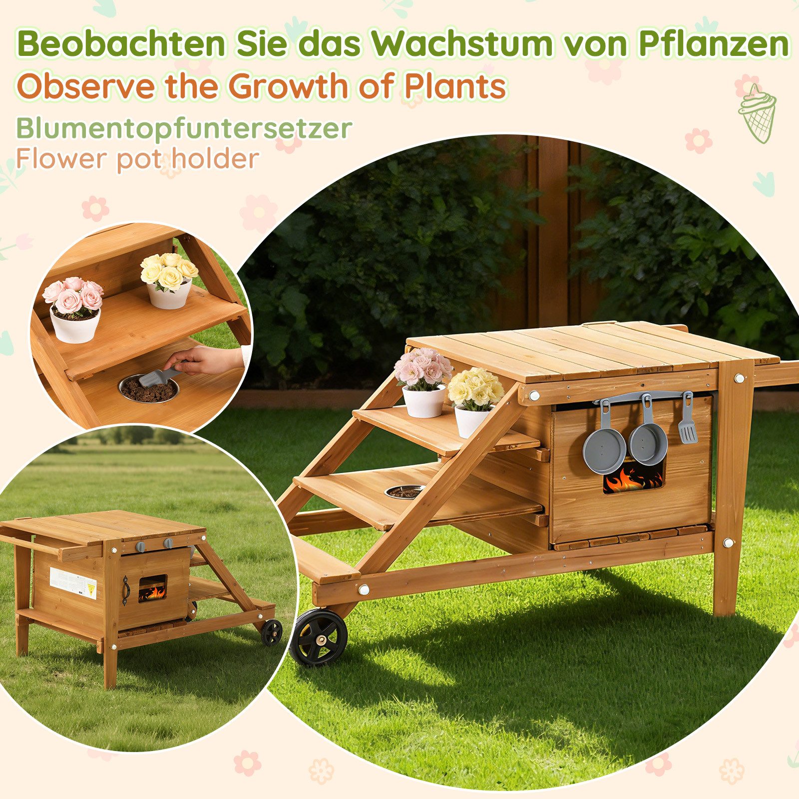 Flieks Outdoor-Spielküche Massivholz, Kinderküche mit Rollen Matschküche Küchenset mit Zubehör 132x59x60.5cm