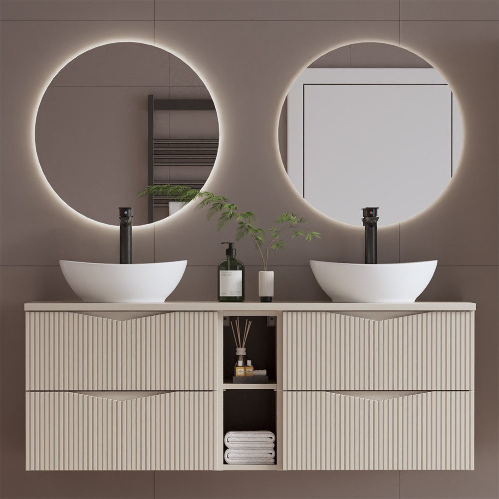 Lomadox Badmöbel-Set CALURI-140, (Spar-Set, 3-St., LED-Spiegel Doppelwaschtisch), in beige mit gerillter Front, grifflos, wandhängend