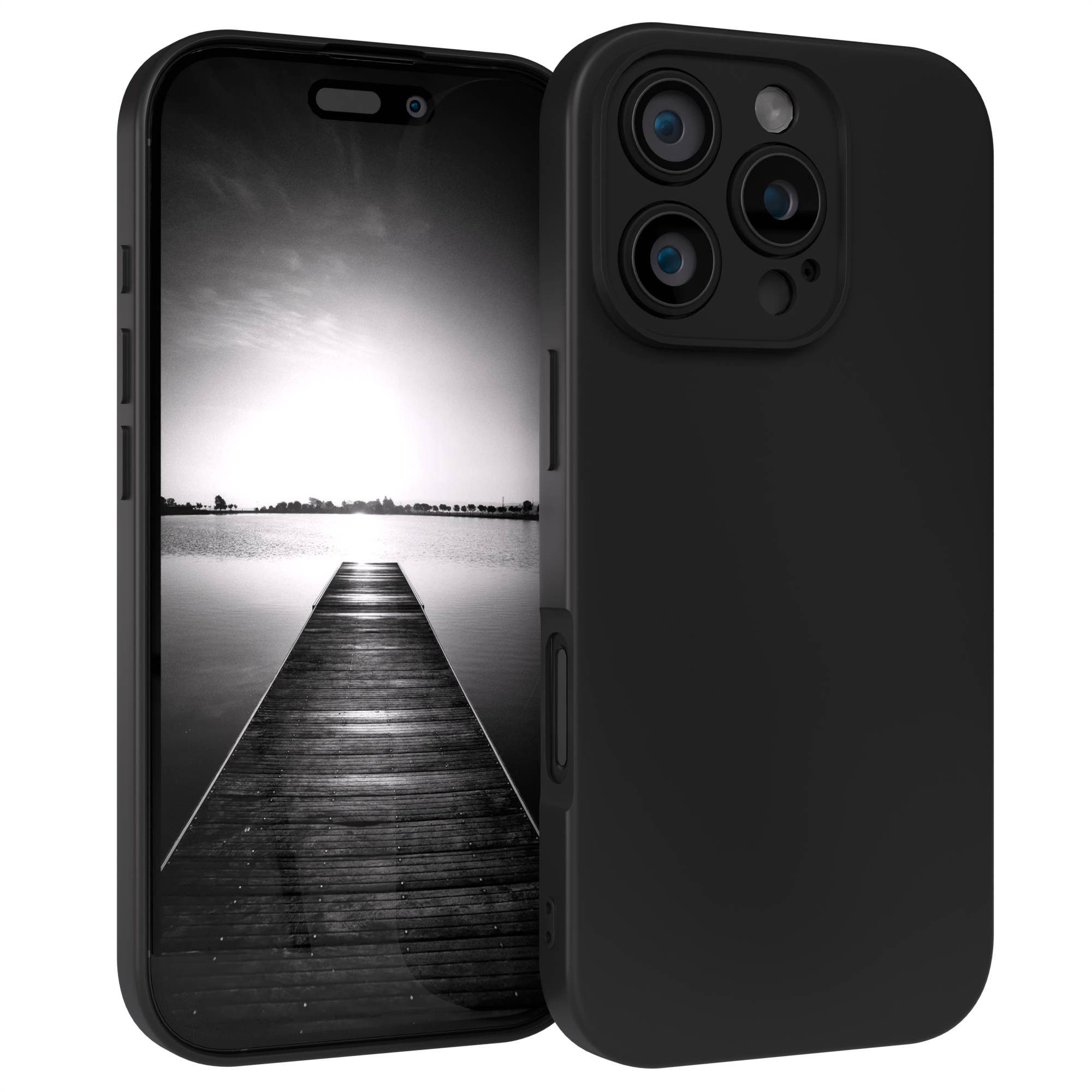 EAZY CASE Handyhülle für Apple iPhone 16 Pro Hülle Silikon 6,3 Zoll, Silikon Schutzhülle mit Kameraschutz kratzfest Back Cover Etui Schwarz