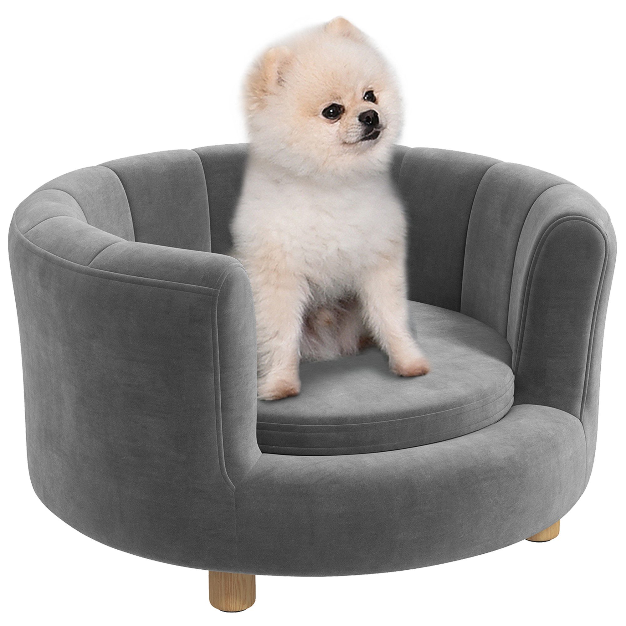 PawHut Tierbett Hundesofa Hundecouch, Waschbarer Bezug, mit Rückenlehne und Holzbeine, Polyester, für kleine Hunde unter 4,5 kg, Grau